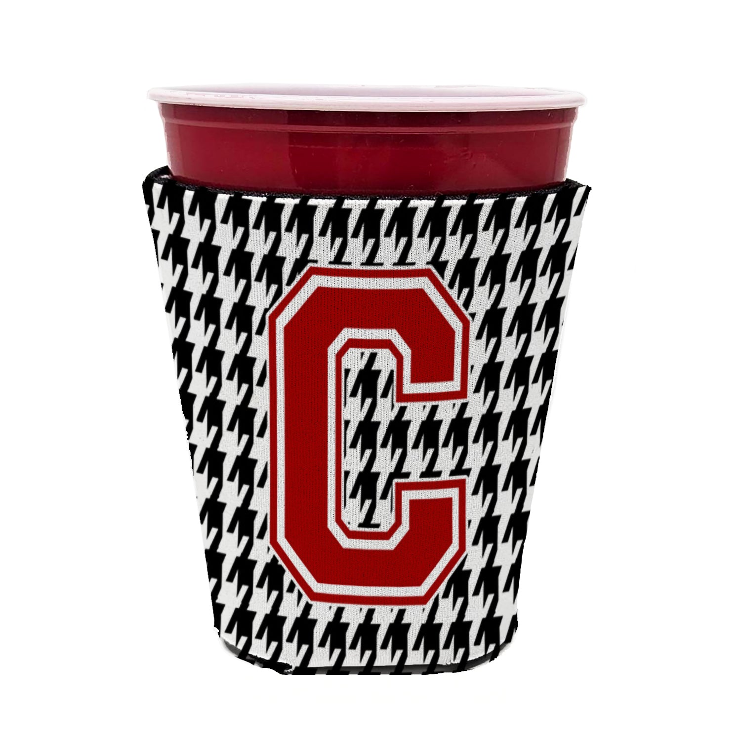 Caroline's Treasures Houndstooth Letter C Red Cup Hugger Sleeve for 16–22 oz Party Cups, Insulated Foam Drink Holder for Iced Coffee, Tailgate & BBQ Reusable