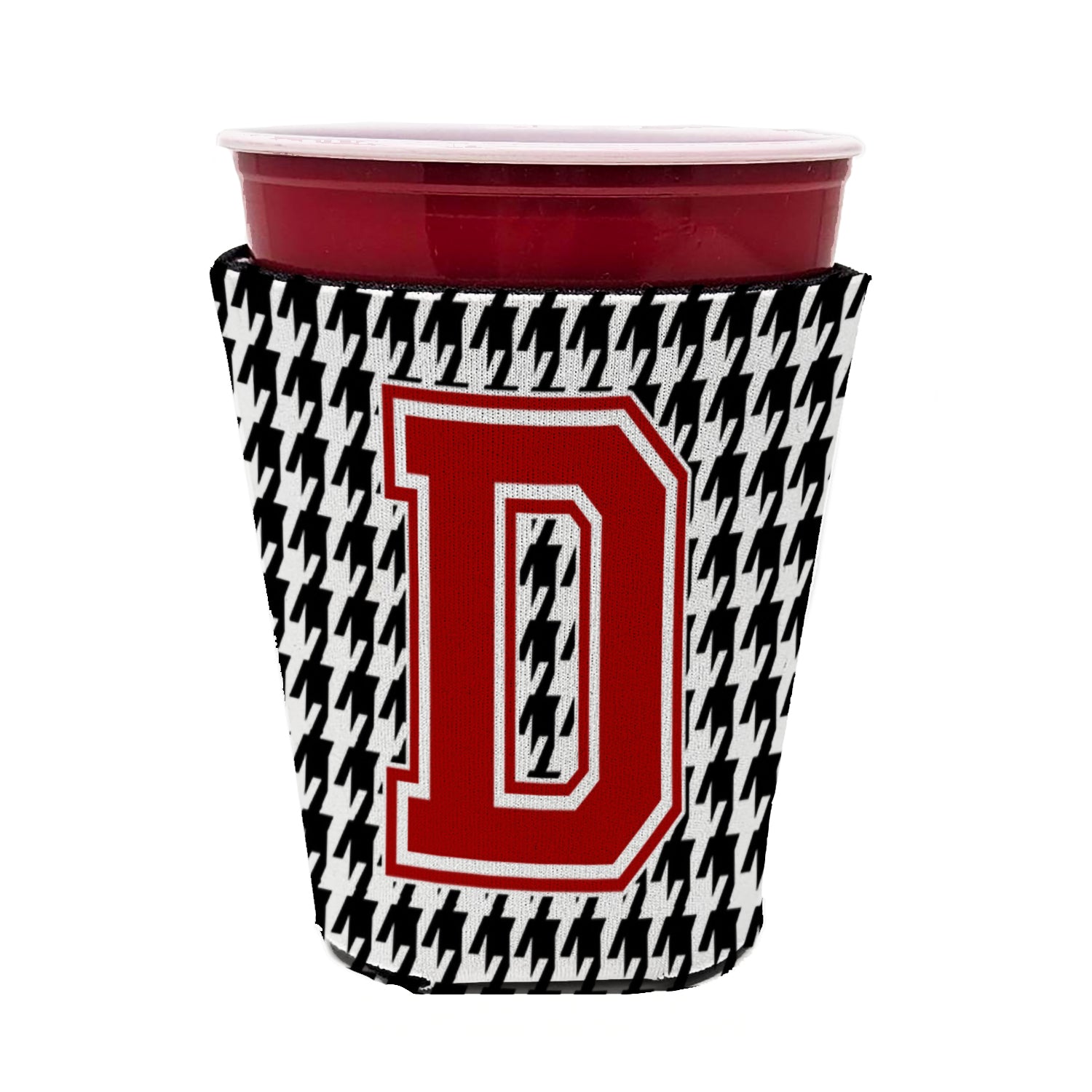 Caroline's Treasures Houndstooth Letter D Red Cup Hugger Sleeve for 16–22 oz Party Cups, Insulated Foam Drink Holder for Iced Coffee, Tailgate & BBQ Reusable