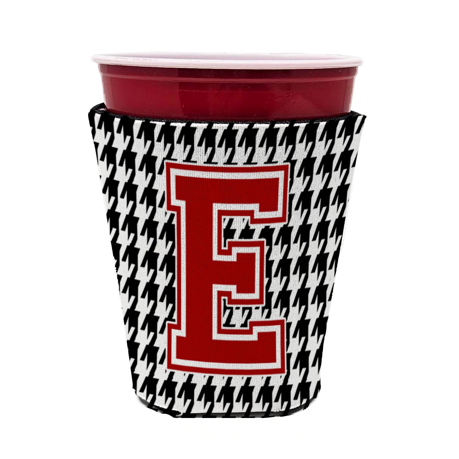 Caroline's Treasures Houndstooth Letter E Red Cup Hugger Sleeve for 16–22 oz Party Cups, Insulated Foam Drink Holder for Iced Coffee, Tailgate & BBQ Reusable