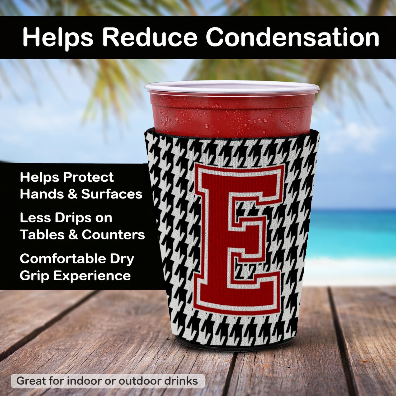 Caroline's Treasures Houndstooth Letter E Red Cup Hugger Sleeve for 16–22 oz Party Cups, Insulated Foam Drink Holder for Iced Coffee, Tailgate & BBQ Reusable