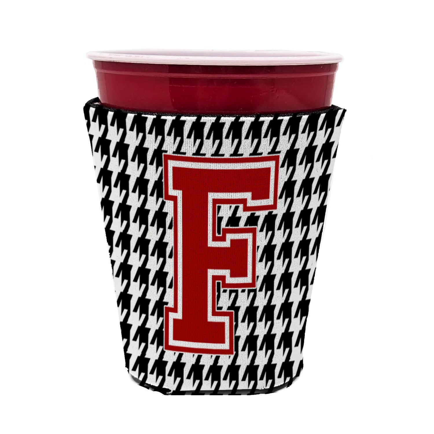 Caroline's Treasures Houndstooth Letter F Red Cup Hugger Sleeve for 16–22 oz Party Cups, Insulated Foam Drink Holder for Iced Coffee, Tailgate & BBQ Reusable