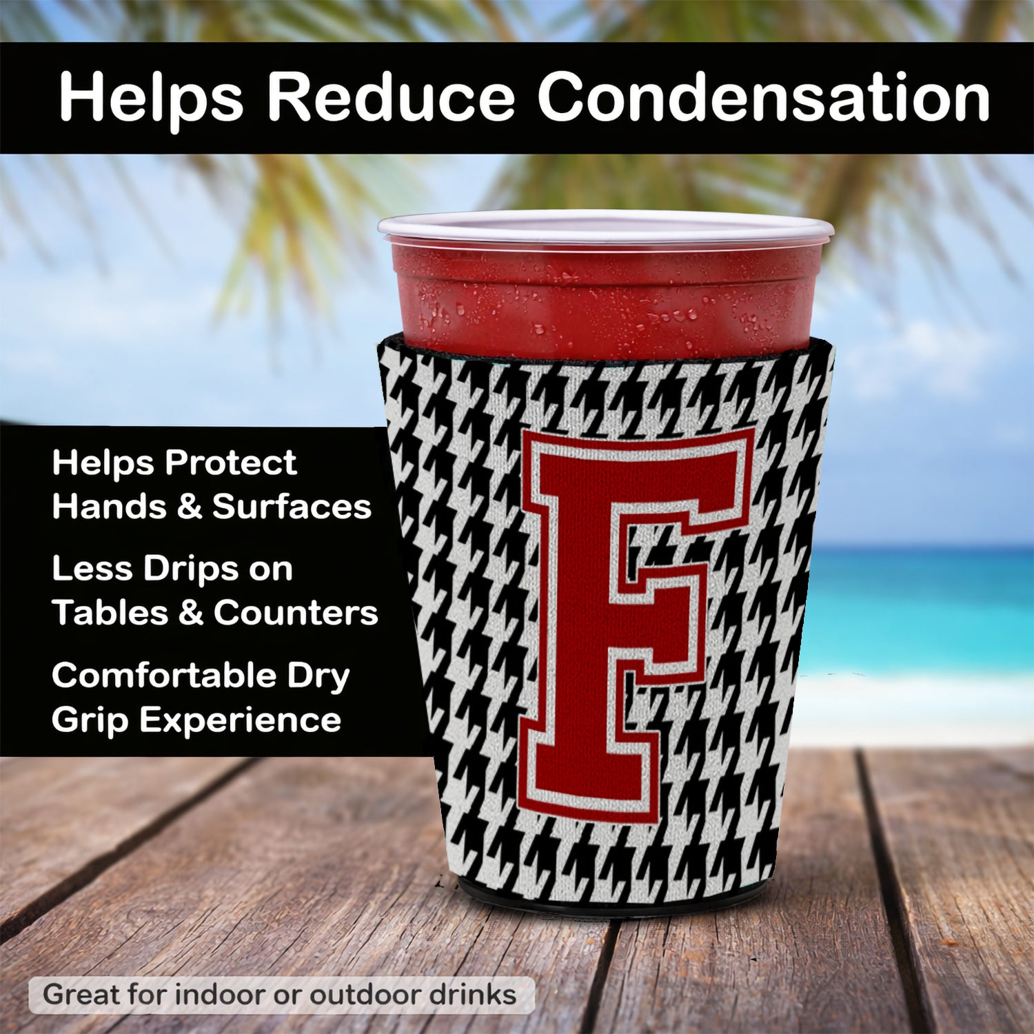 Caroline's Treasures Houndstooth Letter F Red Cup Hugger Sleeve for 16–22 oz Party Cups, Insulated Foam Drink Holder for Iced Coffee, Tailgate & BBQ Reusable