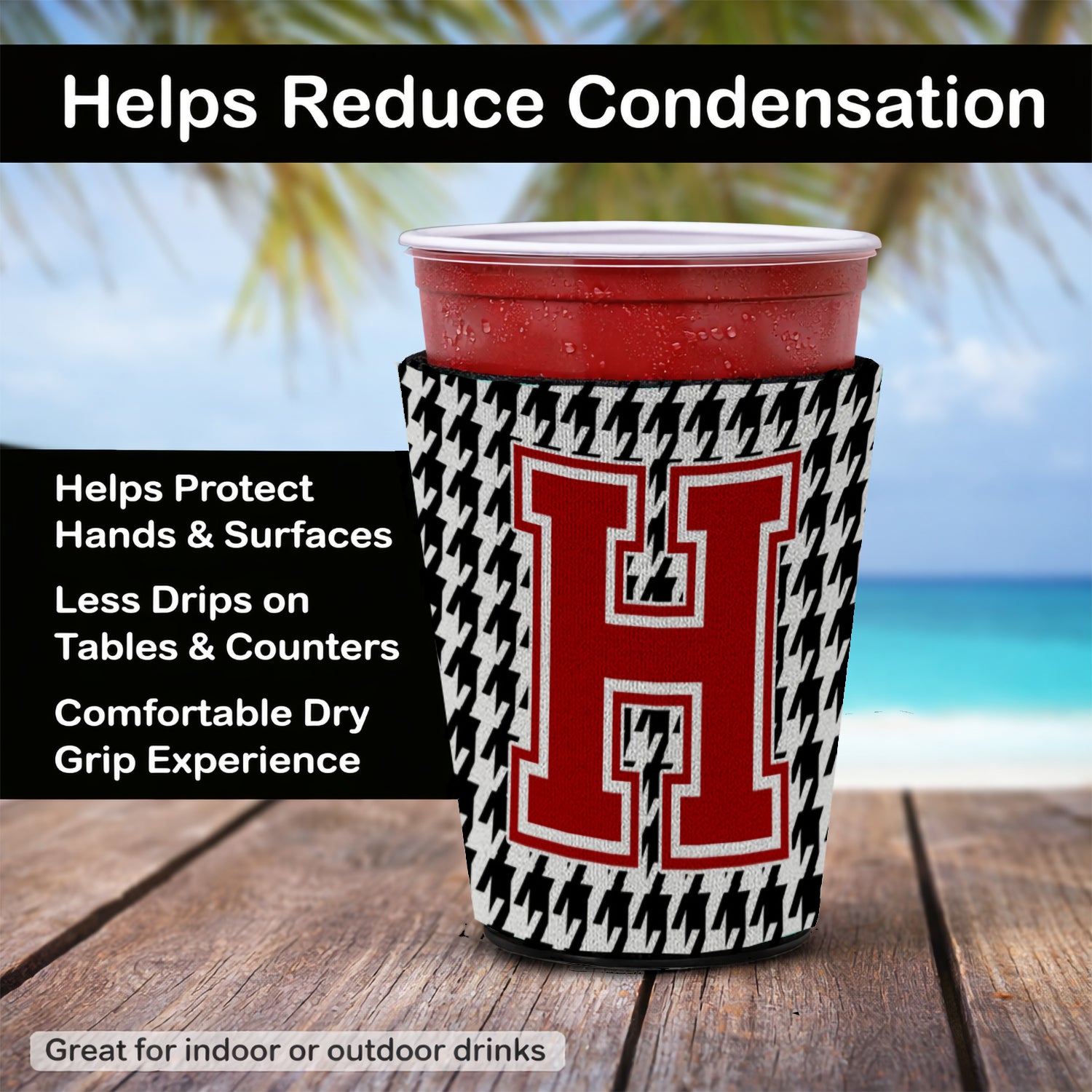 Caroline's Treasures Houndstooth Letter H Red Cup Hugger Sleeve for 16–22 oz Party Cups, Insulated Foam Drink Holder for Iced Coffee, Tailgate & BBQ Reusable