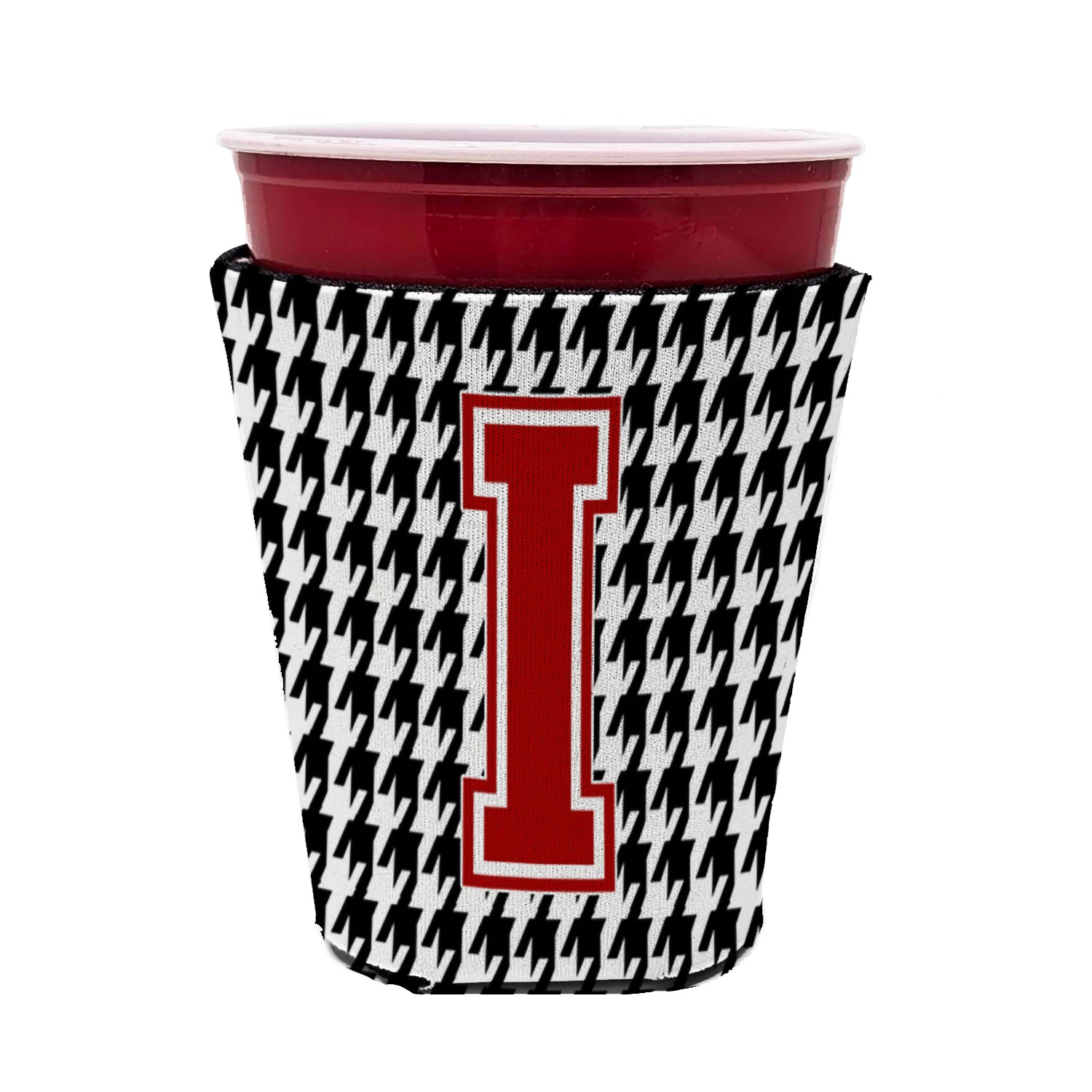 Caroline's Treasures Houndstooth Letter I Red Cup Hugger Sleeve for 16–22 oz Party Cups, Insulated Foam Drink Holder for Iced Coffee, Tailgate & BBQ Reusable