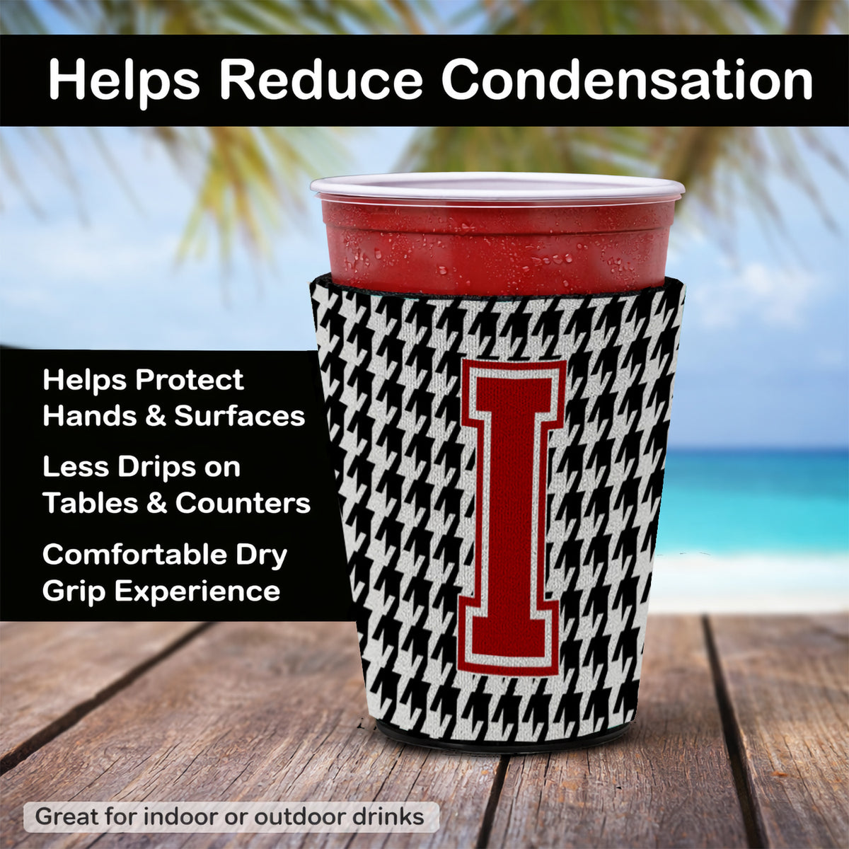 Caroline's Treasures Houndstooth Letter I Red Cup Hugger Sleeve for 16–22 oz Party Cups, Insulated Foam Drink Holder for Iced Coffee, Tailgate & BBQ Reusable