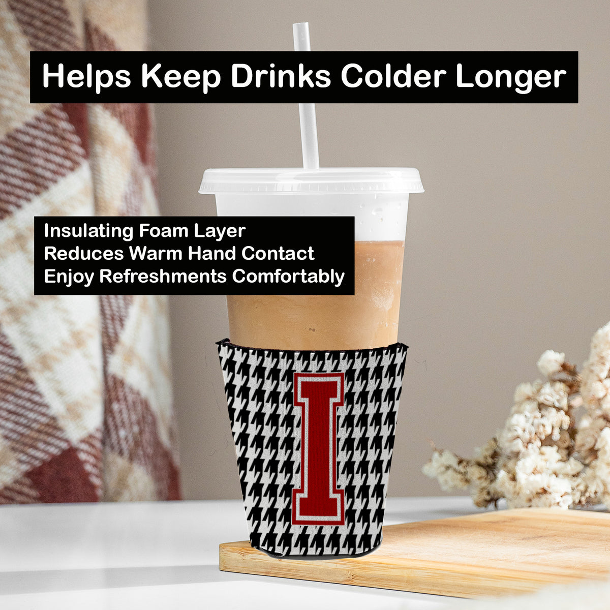 Caroline's Treasures Houndstooth Letter I Red Cup Hugger Sleeve for 16–22 oz Party Cups, Insulated Foam Drink Holder for Iced Coffee, Tailgate & BBQ Reusable
