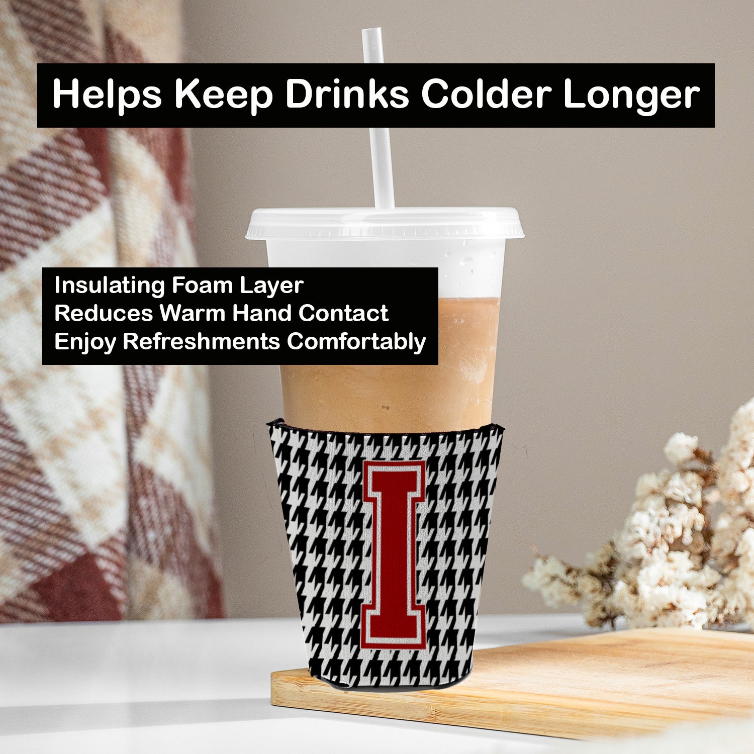 Caroline's Treasures Houndstooth Letter I Red Cup Hugger Sleeve for 16–22 oz Party Cups, Insulated Foam Drink Holder for Iced Coffee, Tailgate & BBQ Reusable