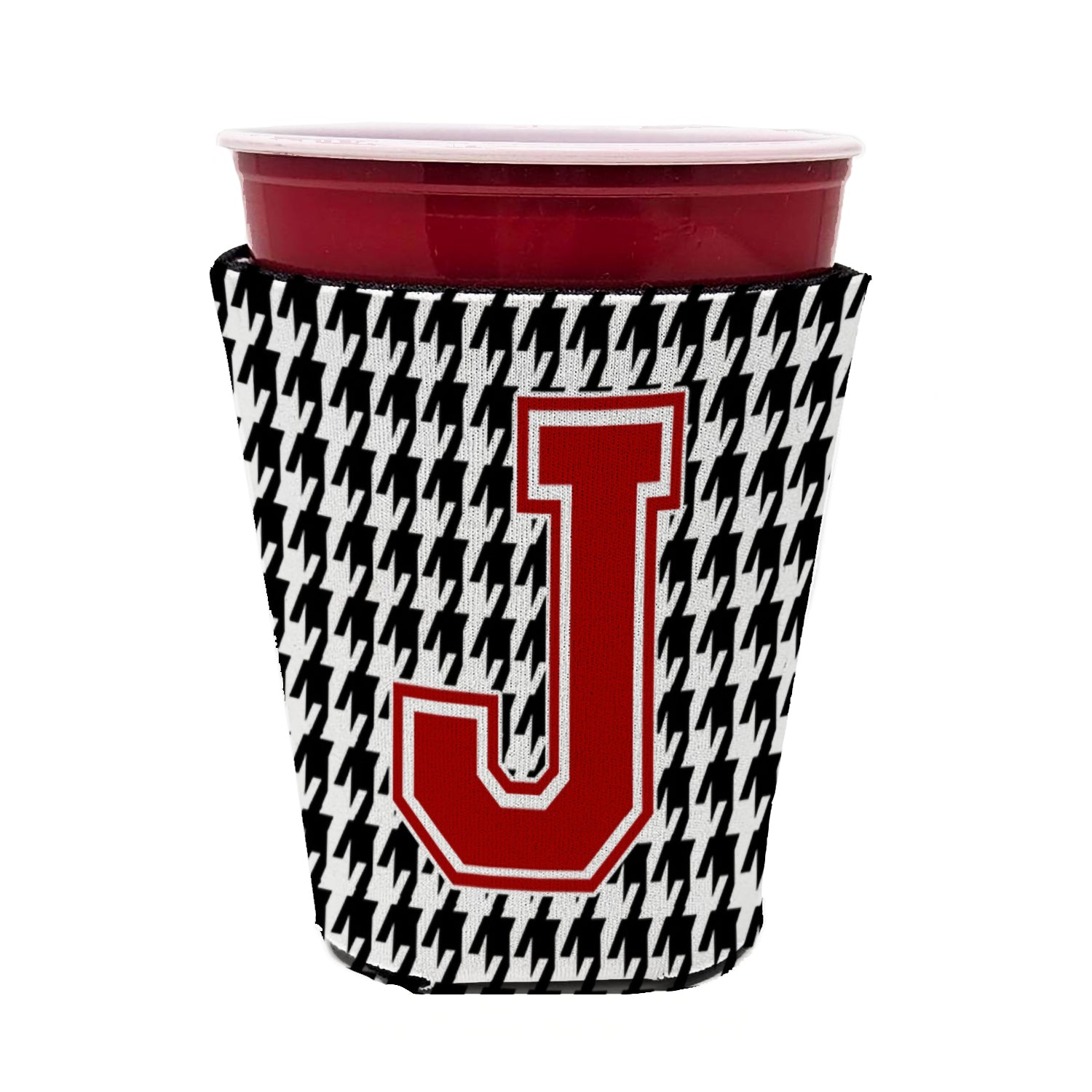 Caroline's Treasures Houndstooth Letter J Red Cup Hugger Sleeve for 16–22 oz Party Cups, Insulated Foam Drink Holder for Iced Coffee, Tailgate & BBQ Reusable