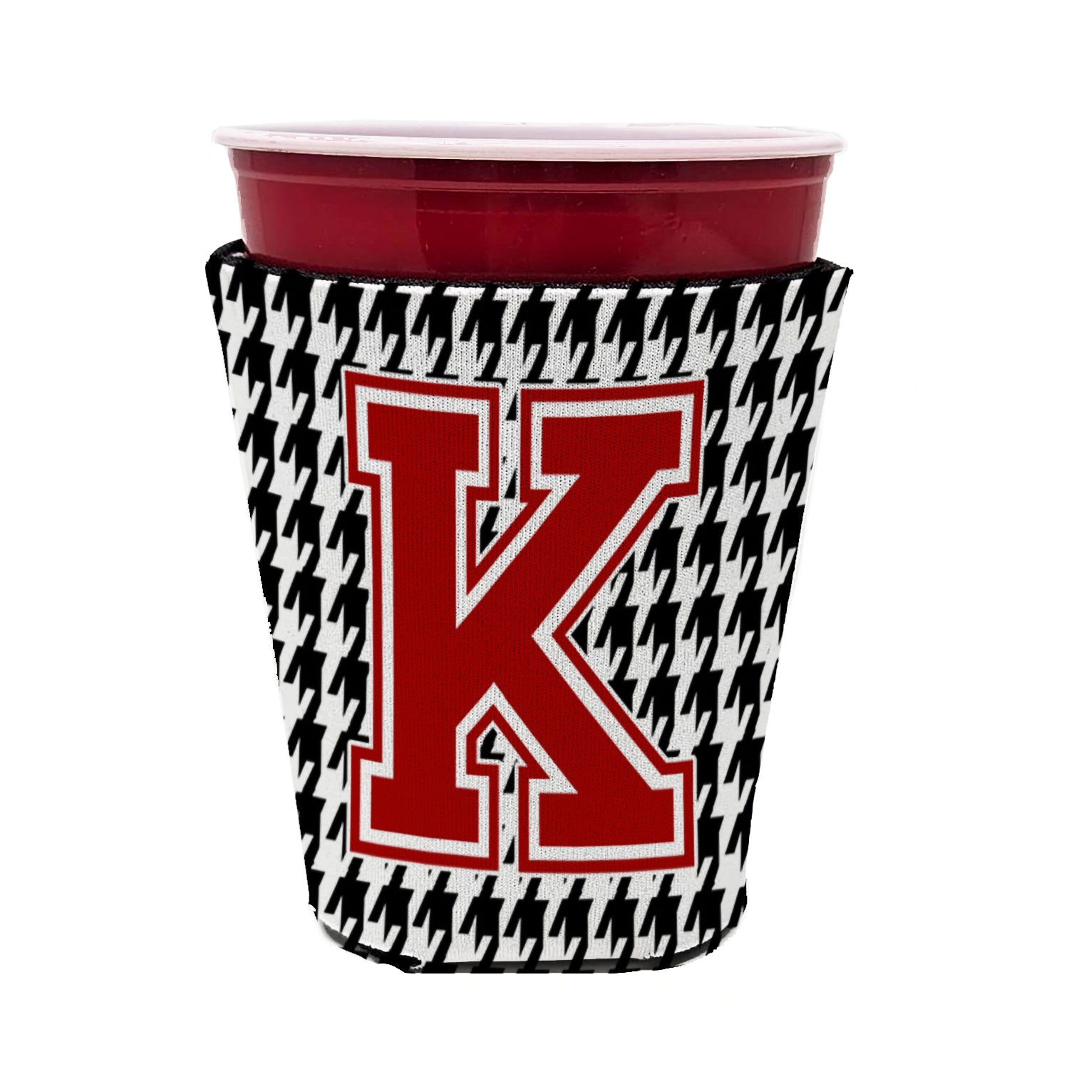 Caroline's Treasures Houndstooth Letter K Red Cup Hugger Sleeve for 16–22 oz Party Cups, Insulated Foam Drink Holder for Iced Coffee, Tailgate & BBQ Reusable