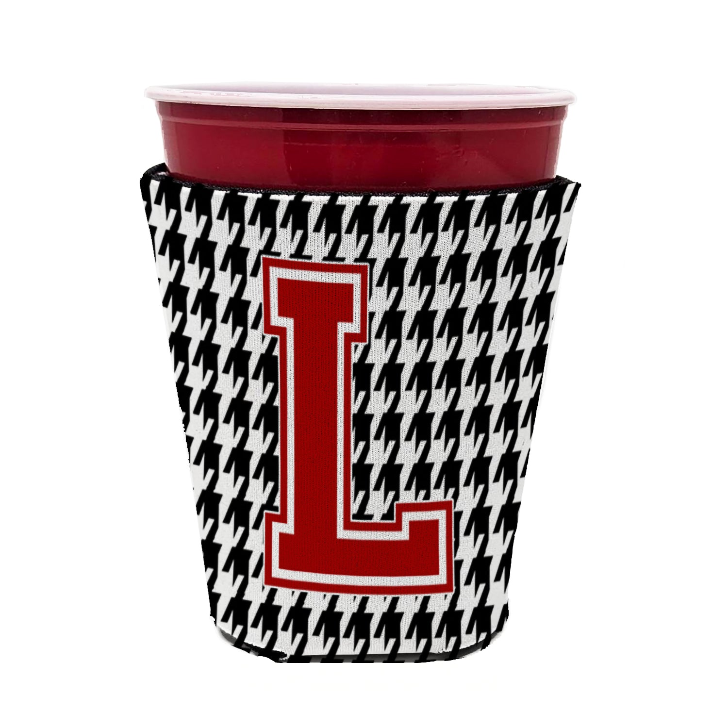 Caroline's Treasures Houndstooth Letter L Red Cup Hugger Sleeve for 16–22 oz Party Cups, Insulated Foam Drink Holder for Iced Coffee, Tailgate & BBQ Reusable