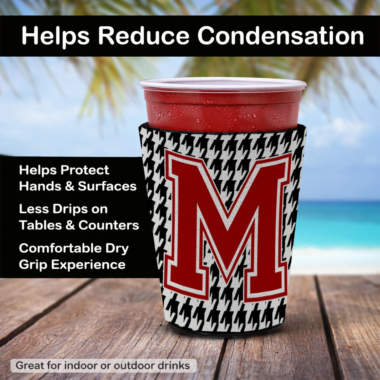 Caroline's Treasures Houndstooth Letter M Red Cup Hugger Sleeve for 16–22 oz Party Cups, Insulated Foam Drink Holder for Iced Coffee, Tailgate & BBQ Reusable