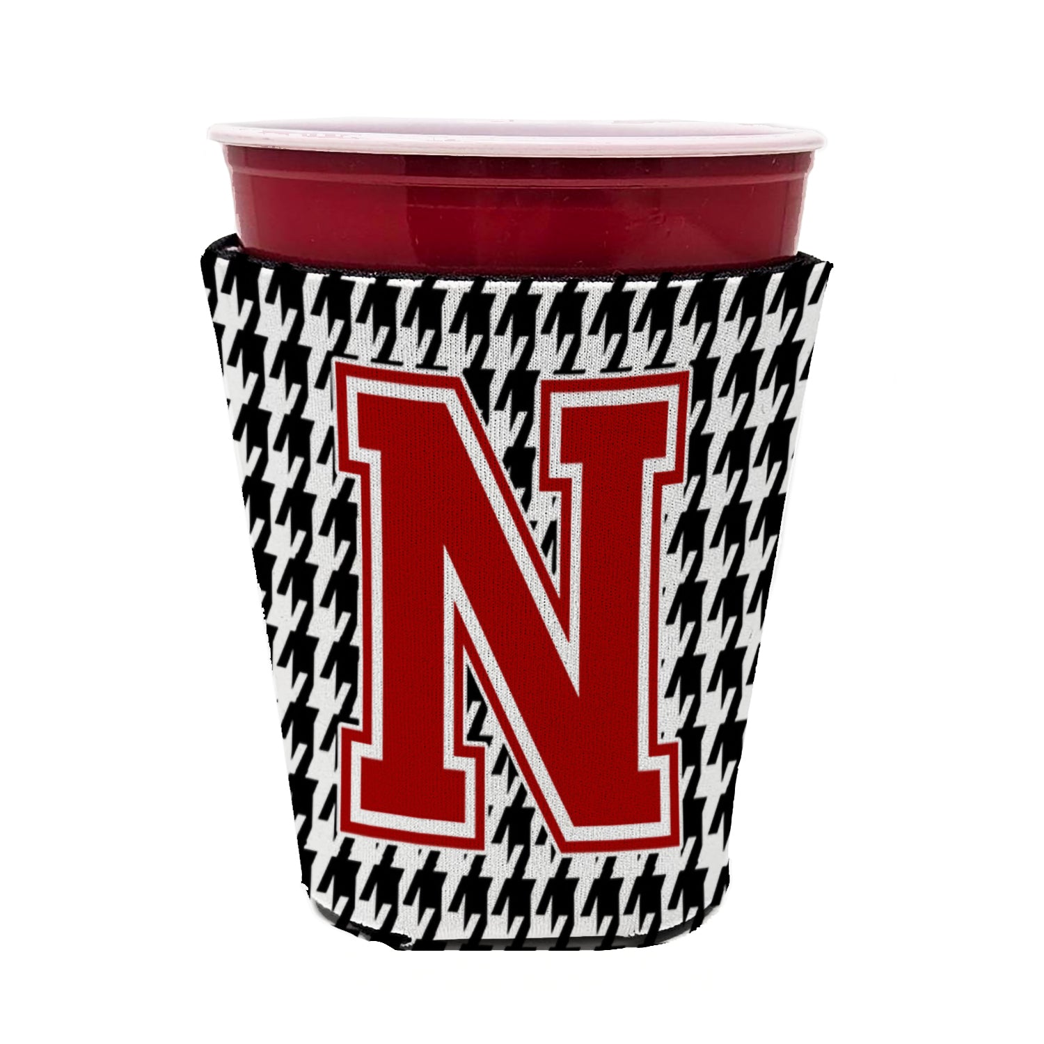 Caroline's Treasures Houndstooth Letter N Red Cup Hugger Sleeve for 16–22 oz Party Cups, Insulated Foam Drink Holder for Iced Coffee, Tailgate & BBQ Reusable