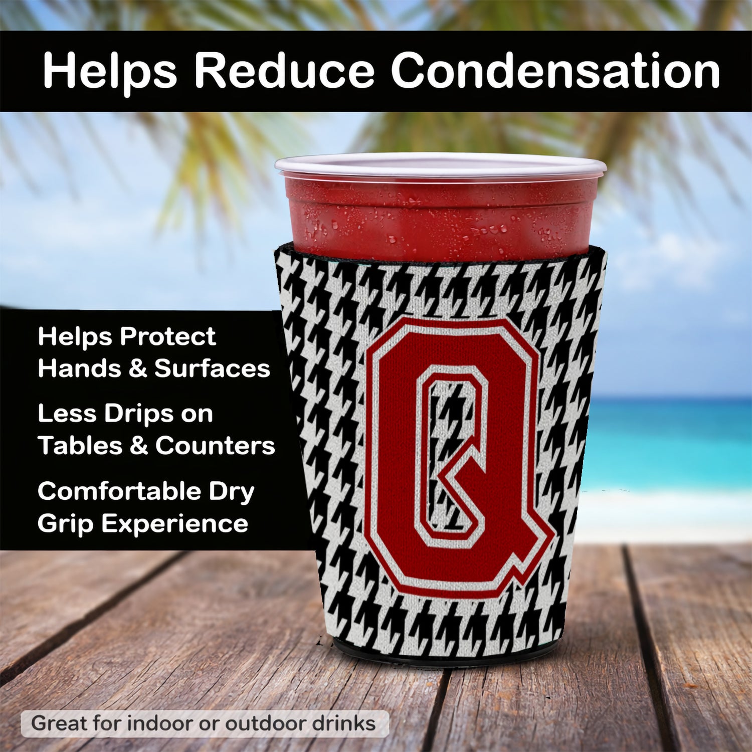Caroline's Treasures Houndstooth Letter Q Red Cup Hugger Sleeve for 16–22 oz Party Cups, Insulated Foam Drink Holder for Iced Coffee, Tailgate & BBQ Reusable