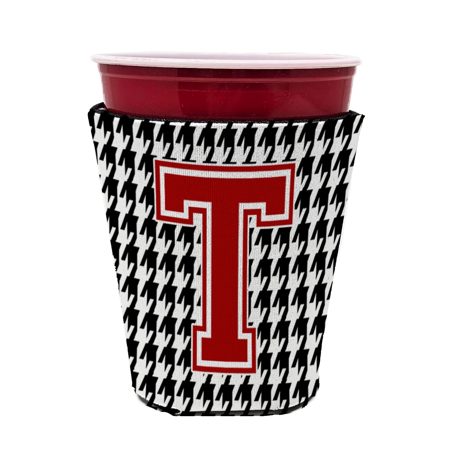 Caroline's Treasures Houndstooth Letter T Red Cup Hugger Sleeve for 16–22 oz Party Cups, Insulated Foam Drink Holder for Iced Coffee, Tailgate & BBQ Reusable