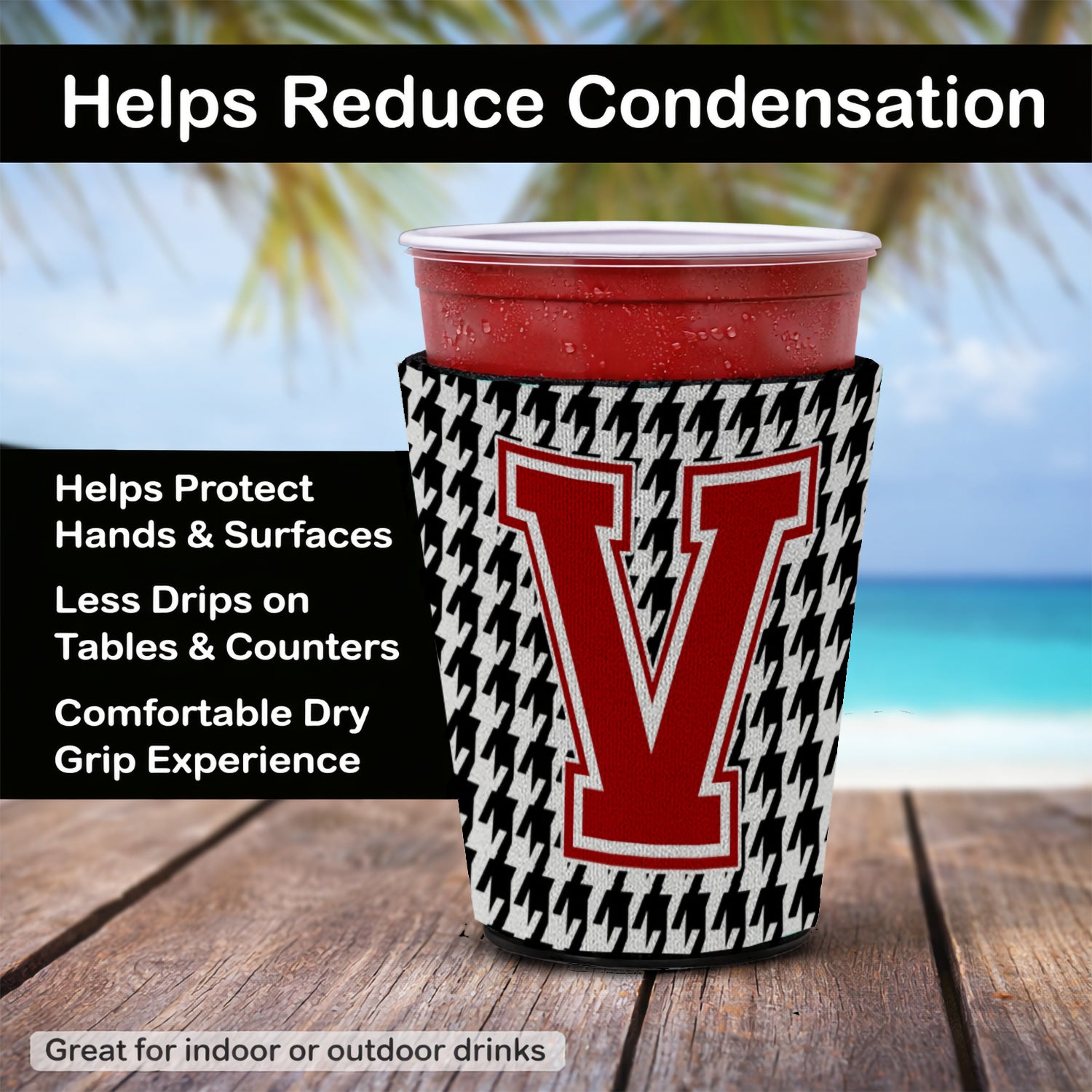 Caroline's Treasures Houndstooth Letter V Red Cup Hugger Sleeve for 16–22 oz Party Cups, Insulated Foam Drink Holder for Iced Coffee, Tailgate & BBQ Reusable