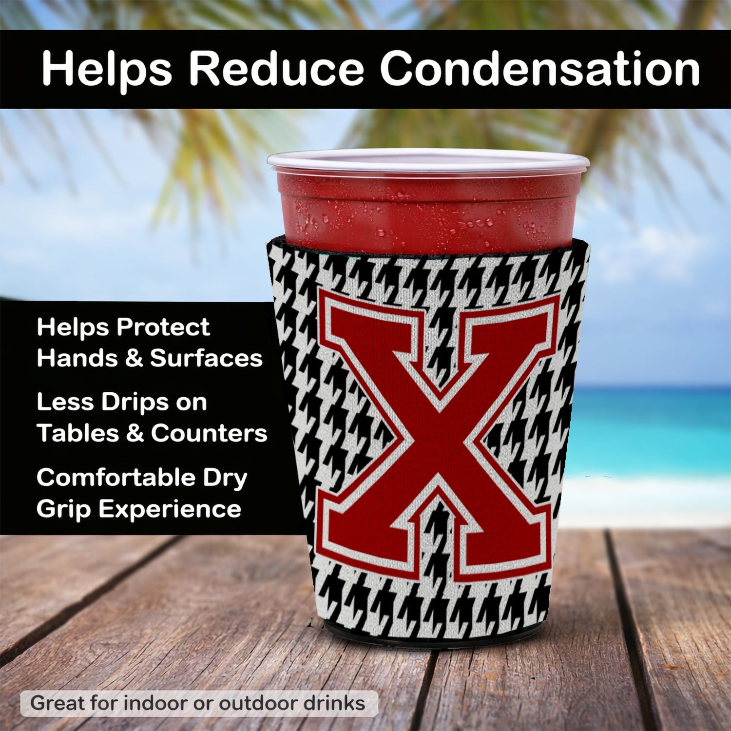 Caroline's Treasures Houndstooth Letter X Red Cup Hugger Sleeve for 16–22 oz Party Cups, Insulated Foam Drink Holder for Iced Coffee, Tailgate & BBQ Reusable