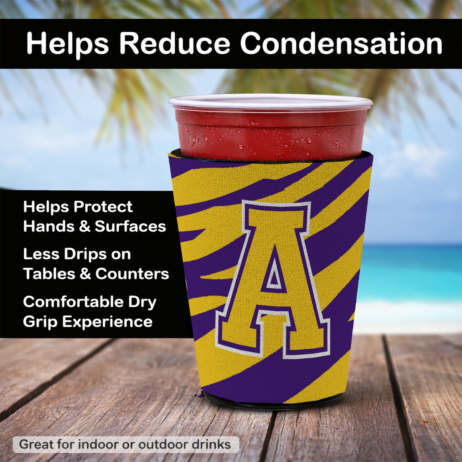 Caroline's Treasures Letter A Monogram - Tiger Stripe - Purple Gold Red Cup Hugger Sleeve for 16–22 oz Party Cups, Insulated Foam Drink Holder for Iced Coffee, Tailgate & BBQ Reusable