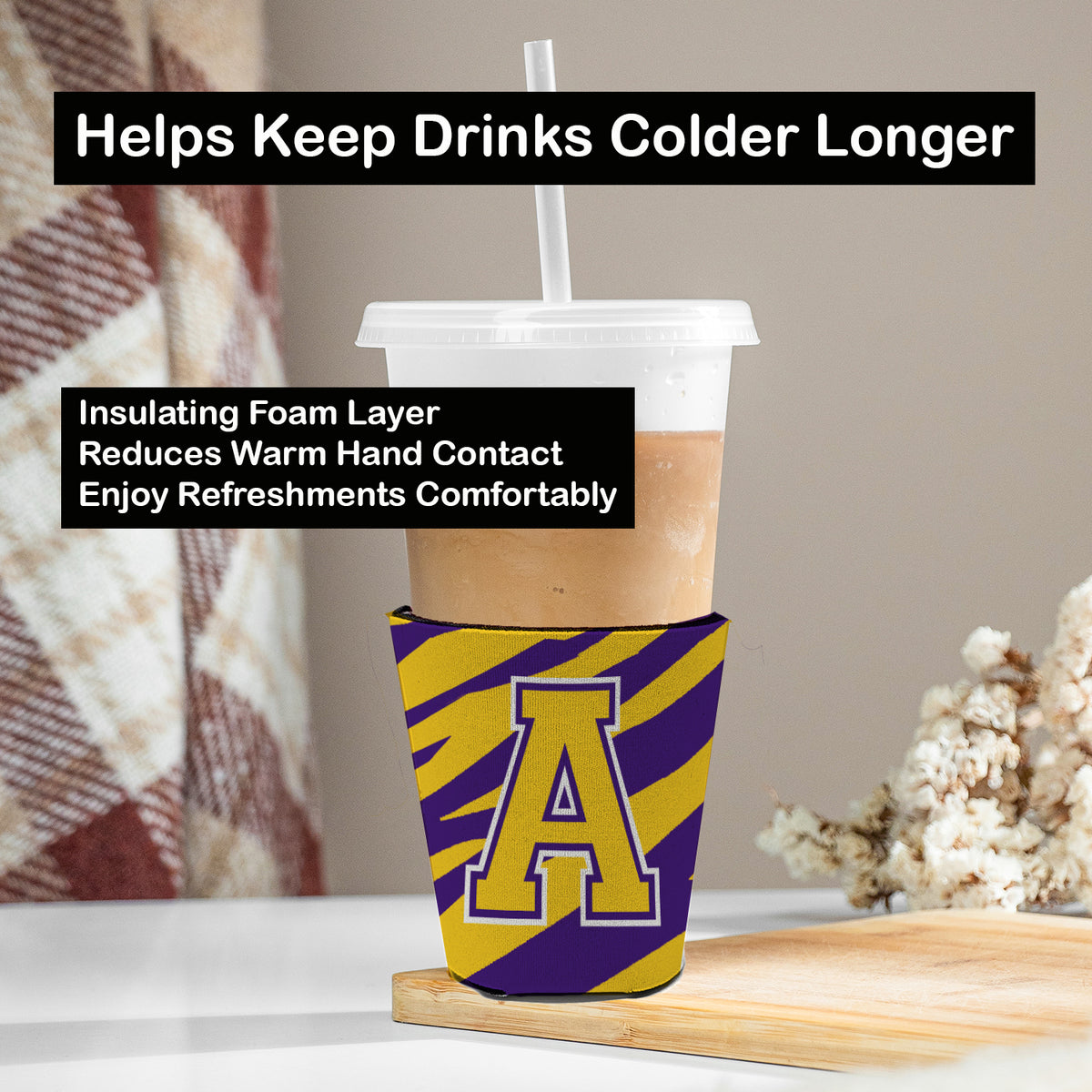 Caroline's Treasures Letter A Monogram - Tiger Stripe - Purple Gold Red Cup Hugger Sleeve for 16–22 oz Party Cups, Insulated Foam Drink Holder for Iced Coffee, Tailgate & BBQ Reusable