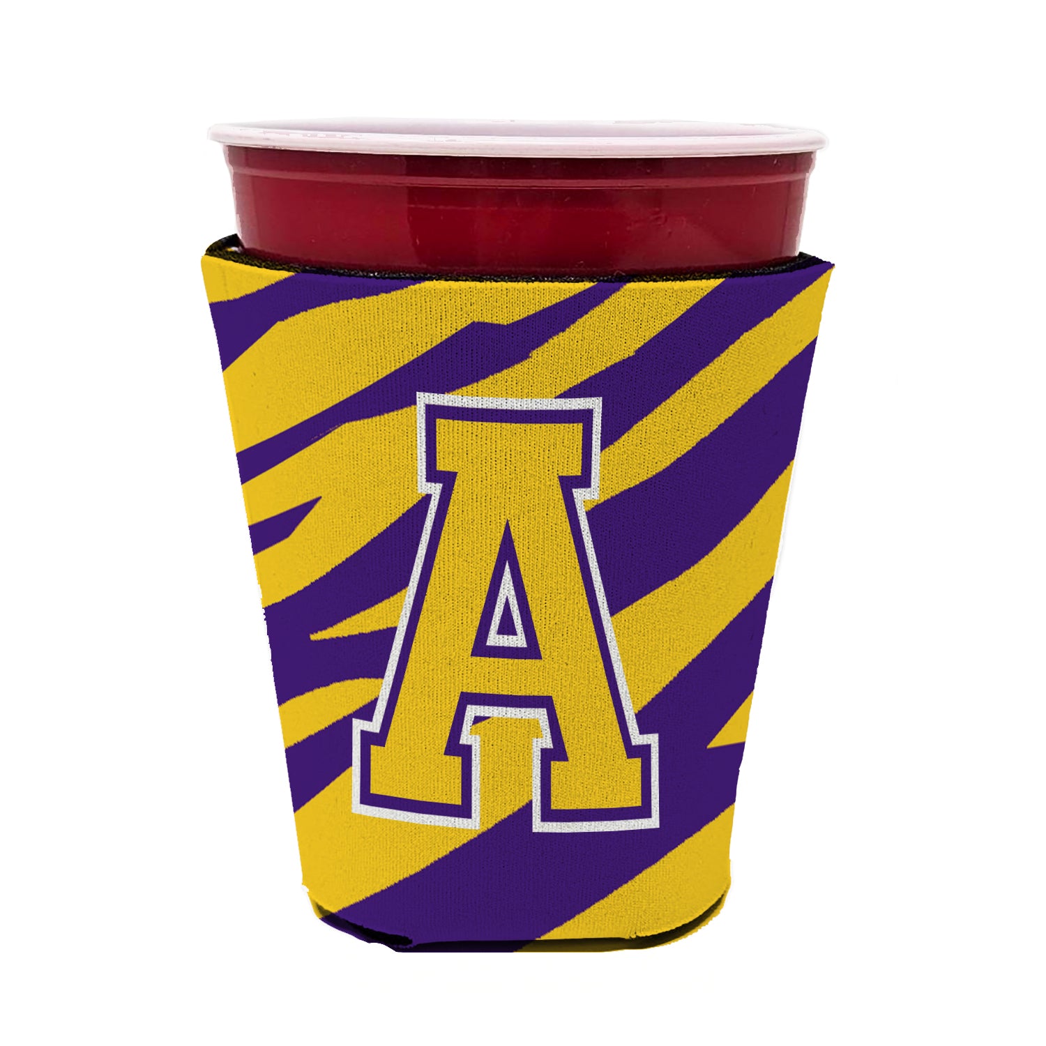 Caroline's Treasures Letter A Monogram - Tiger Stripe - Purple Gold Red Cup Hugger Sleeve for 16–22 oz Party Cups, Insulated Foam Drink Holder for Iced Coffee, Tailgate & BBQ Reusable
