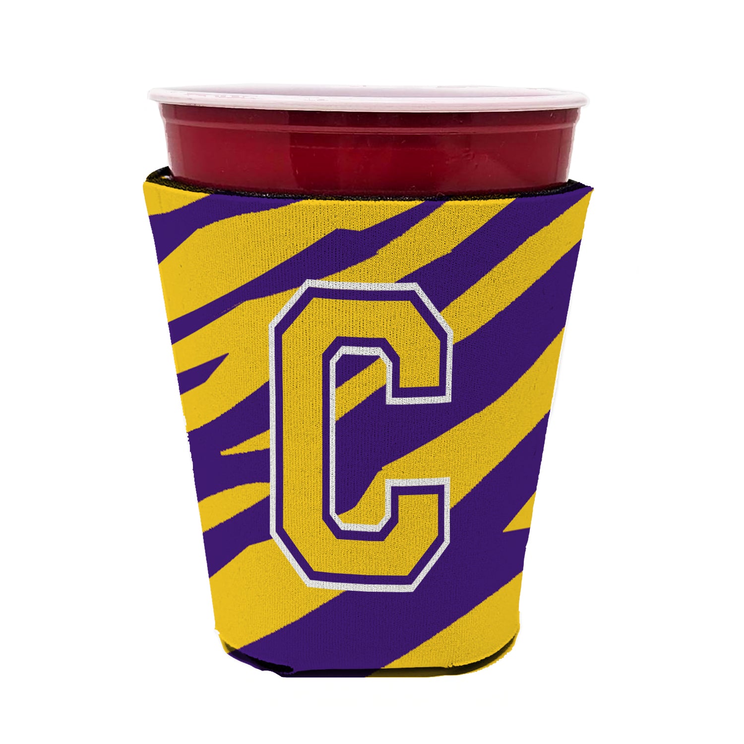 Caroline's Treasures Tiger Stripe - Purple Gold Letter C Monogram Initial Cup Hugger - Reusable Party Cup Sleeve with Personality