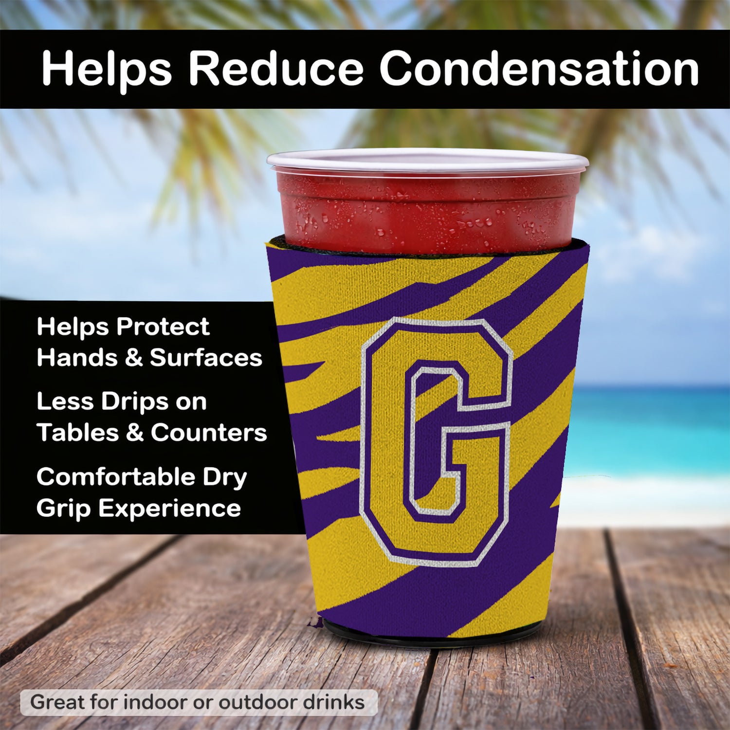 Caroline's Treasures Letter G Monogram - Tiger Stripe - Purple Gold Red Cup Hugger Sleeve for 16–22 oz Party Cups, Insulated Foam Drink Holder for Iced Coffee, Tailgate & BBQ Reusable