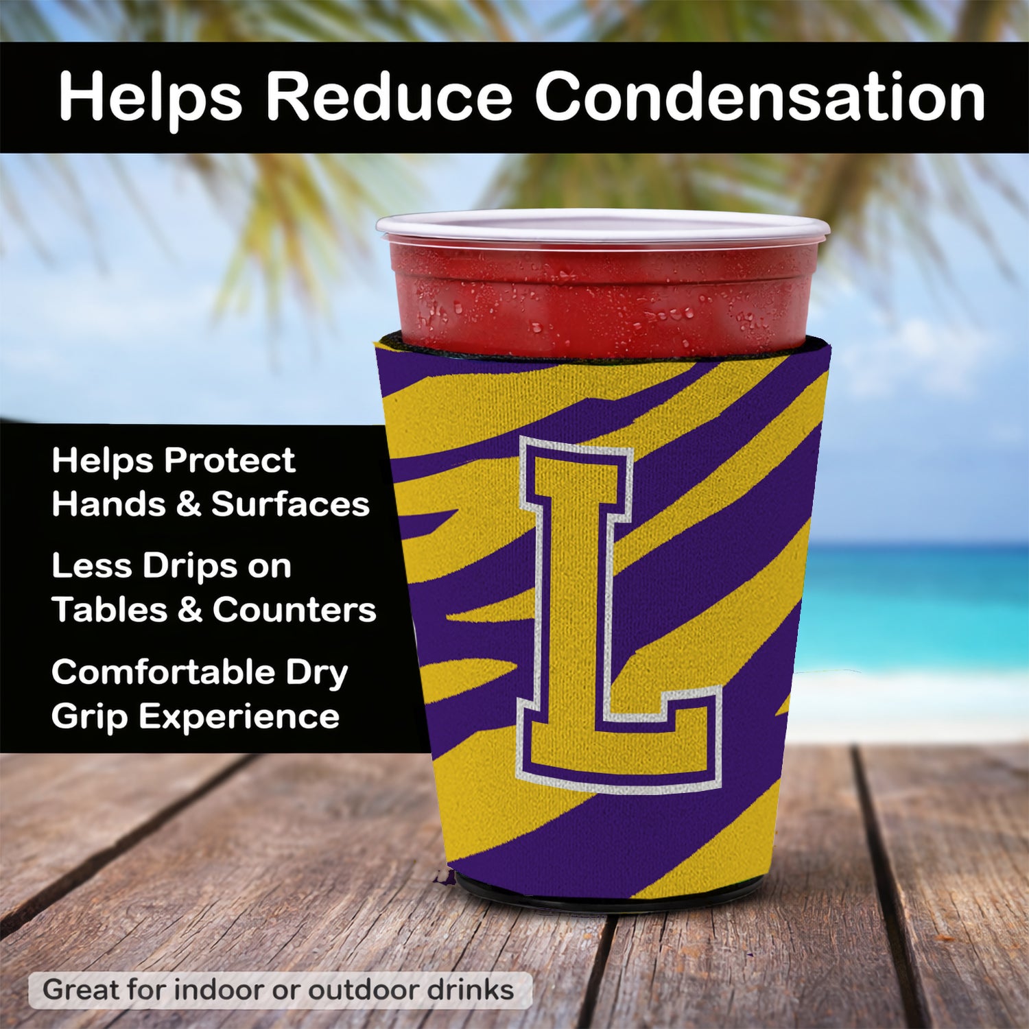 Caroline's Treasures Letter L Monogram - Tiger Stripe - Purple Gold Red Cup Hugger Sleeve for 16–22 oz Party Cups, Insulated Foam Drink Holder for Iced Coffee, Tailgate & BBQ Reusable