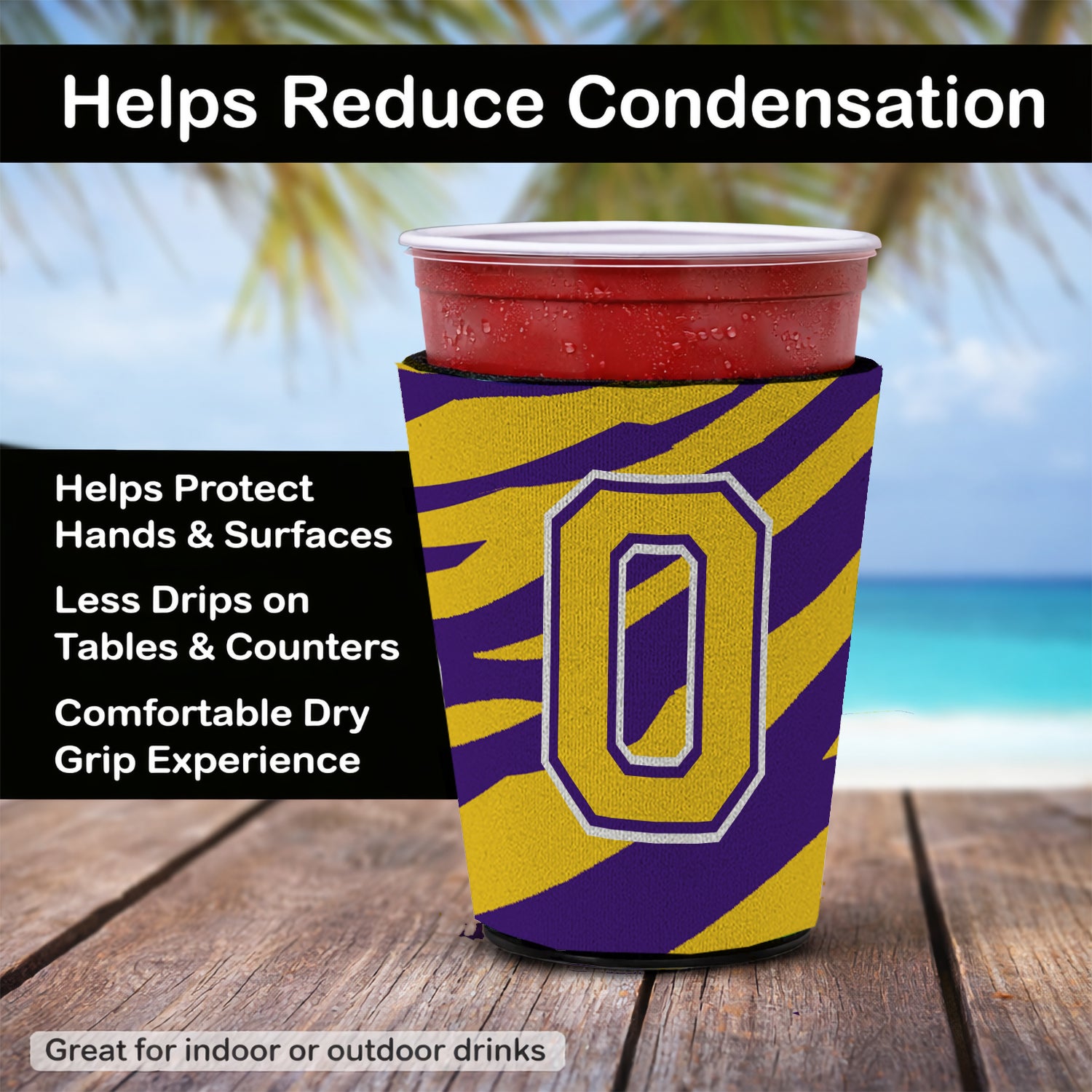 Caroline's Treasures Tiger Stripe - Purple Gold Letter O Monogram Initial Cup Hugger - Reusable Party Cup Sleeve with Personality
