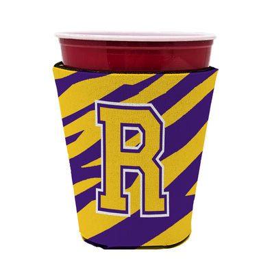 Caroline's Treasures Letter R Monogram - Tiger Stripe - Purple Gold Red Cup Hugger Sleeve for 16–22 oz Party Cups, Insulated Foam Drink Holder for Iced Coffee, Tailgate & BBQ Reusable