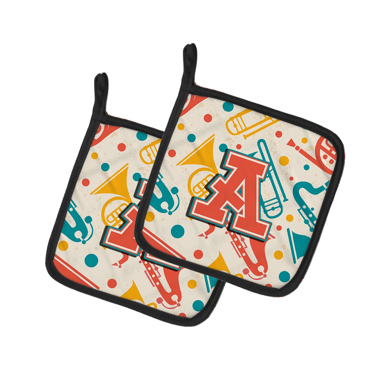 Caroline's Treasures Letter A Retro Teal Orange Musical Instruments Initial Pot Holders - Set of 2 - Heat-Resistant Kitchen Essentials CJ2001-APTHD