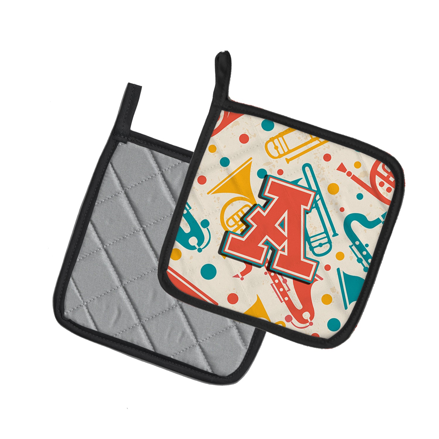 Caroline's Treasures Letter A Retro Teal Orange Musical Instruments Initial Pot Holders - Set of 2 - Heat-Resistant Kitchen Essentials CJ2001-APTHD