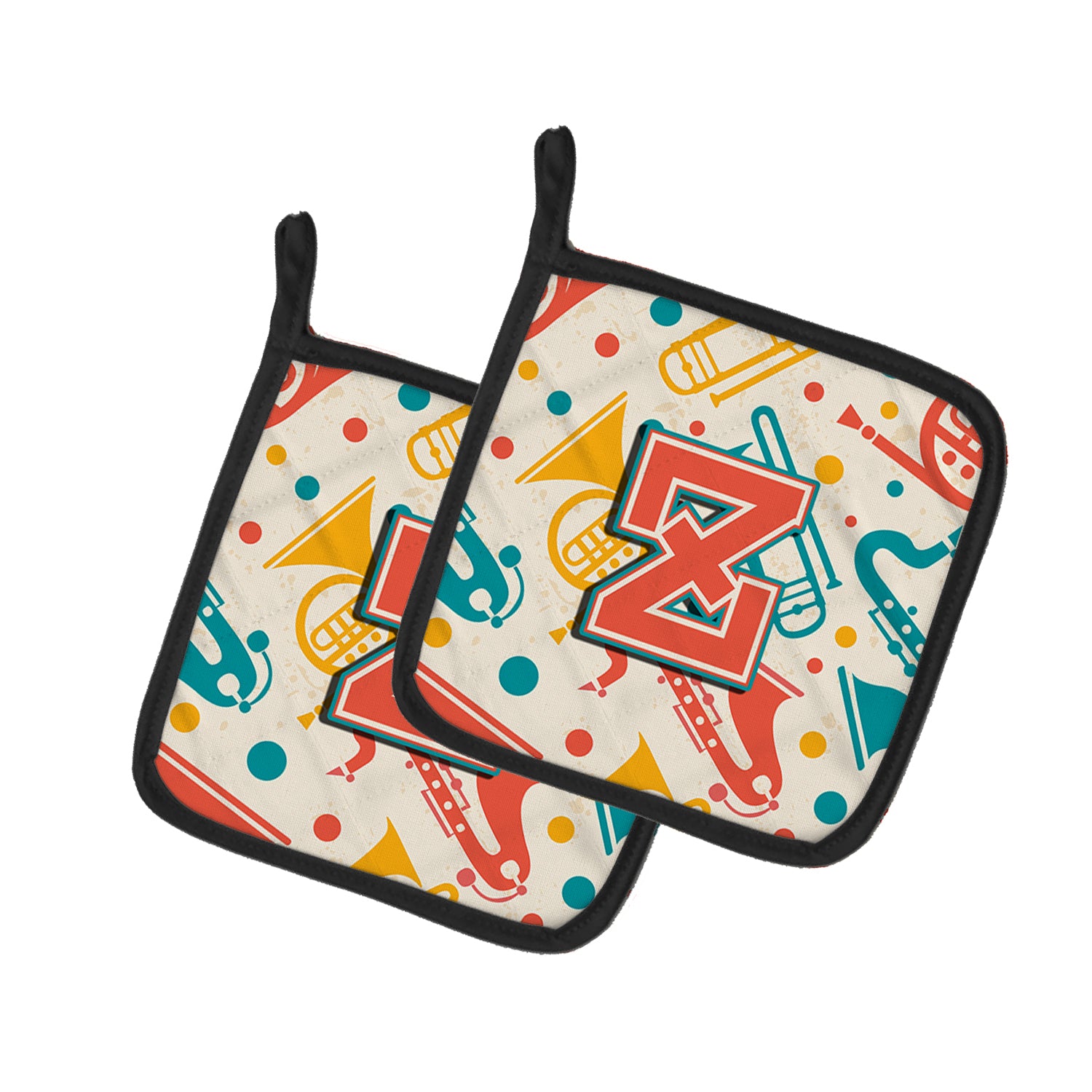 Caroline's Treasures Letter Z Retro Teal Orange Musical Instruments Initial Pot Holders - Set of 2 - Heat-Resistant Kitchen Essentials CJ2001-ZPTHD