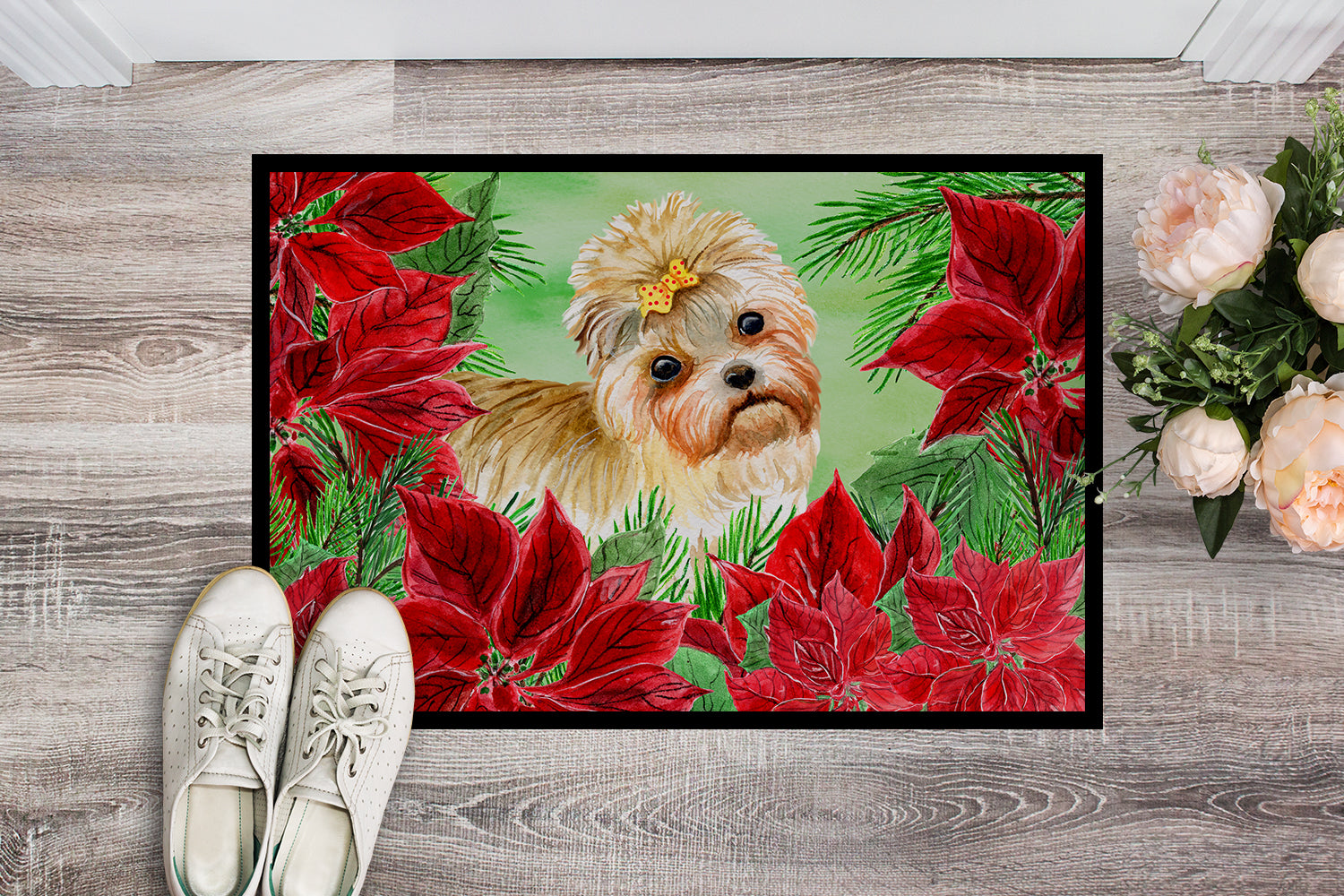 Caroline's Treasures Morkie Poinsettas Doormat - 24x36 Decorative Floor Mat – Indoor/Outdoor Rug with Artistic Flair CK1316JMAT