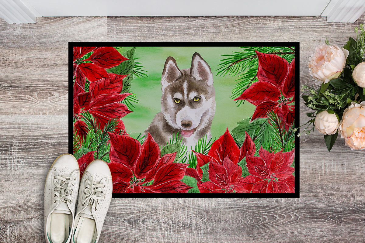 Caroline's Treasures Siberian Husky Grey Poinsettas Doormat - 24x36 Decorative Floor Mat – Indoor/Outdoor Rug with Artistic Flair CK1344JMAT