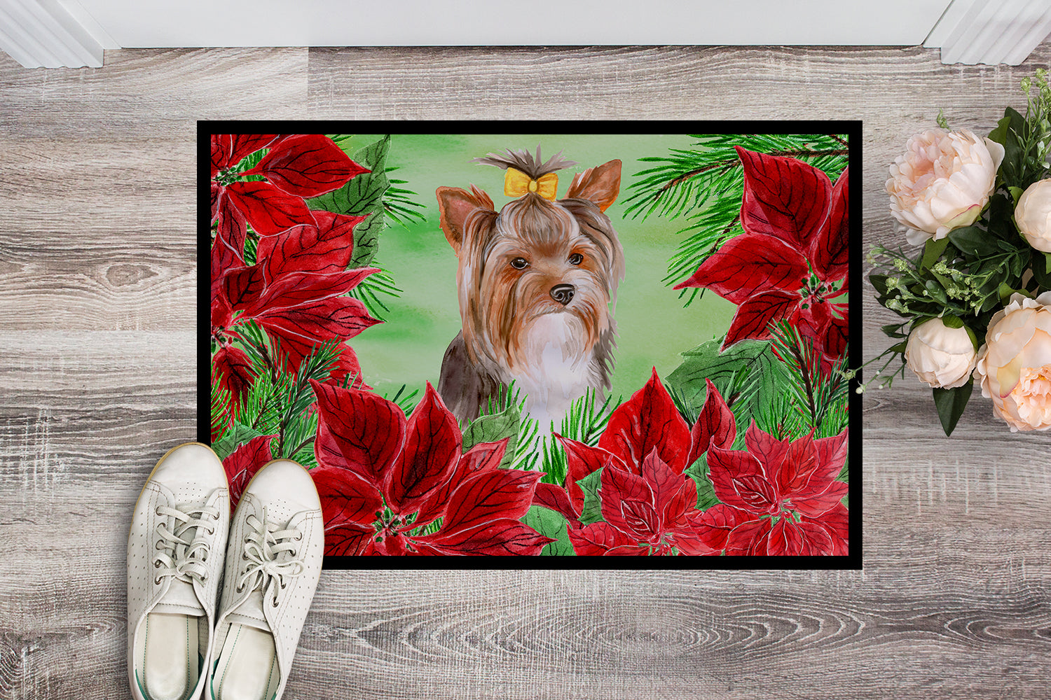 Caroline's Treasures Yorkshire Terrier #2 Poinsettas Doormat - 24x36 Decorative Floor Mat – Indoor/Outdoor Rug with Artistic Flair CK1370JMAT