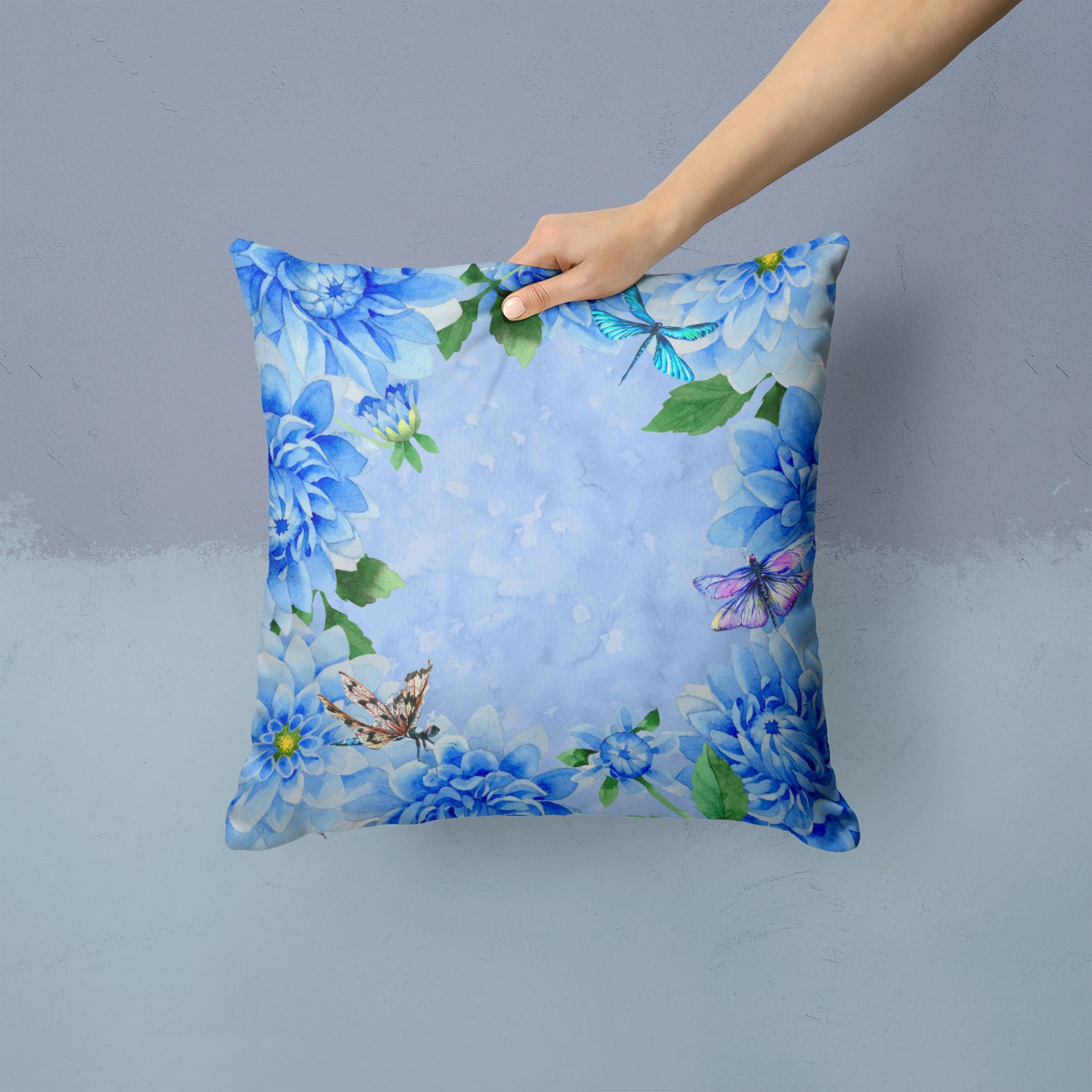 Caroline's Treasures Blue Dahlias Throw Pillow - 14x14 Decorative Pillow – Art for Your Home & Patio CK1705PW1414