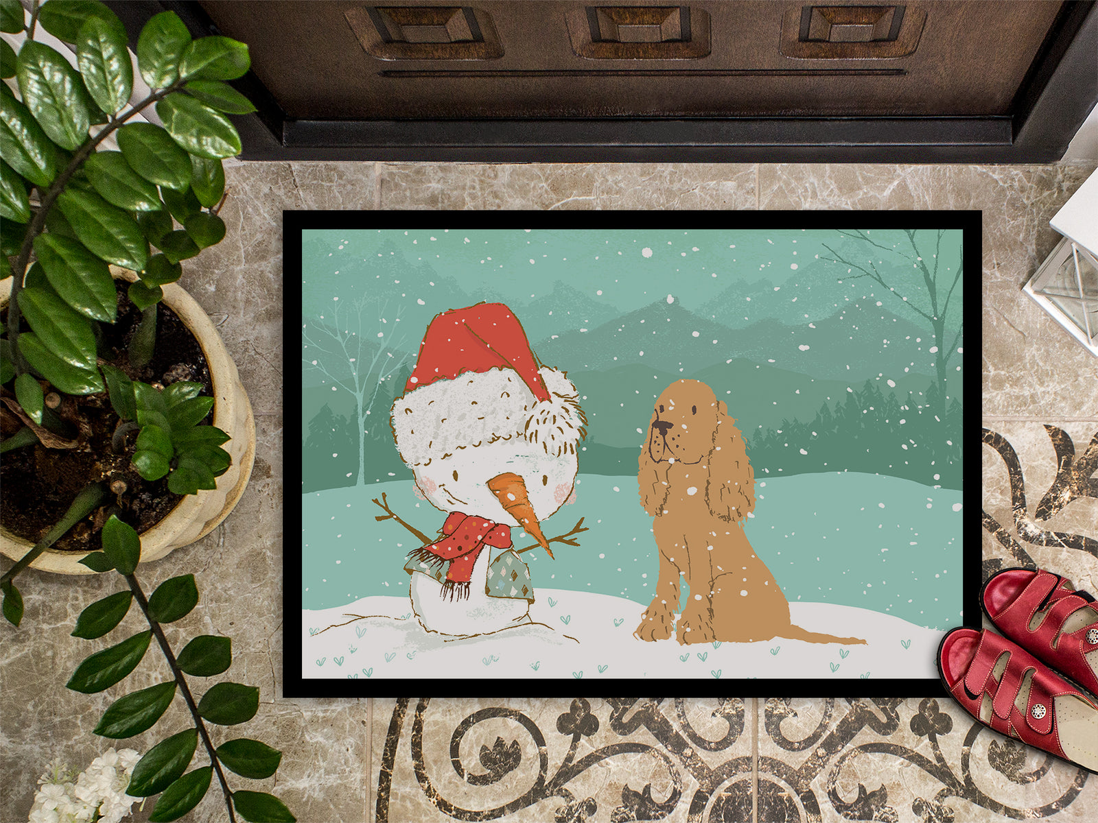 Caroline's Treasures Tan Spaniel Snowman Christmas Doormat - 24x36 Decorative Floor Mat – Indoor/Outdoor Rug with Artistic Flair CK2071JMAT