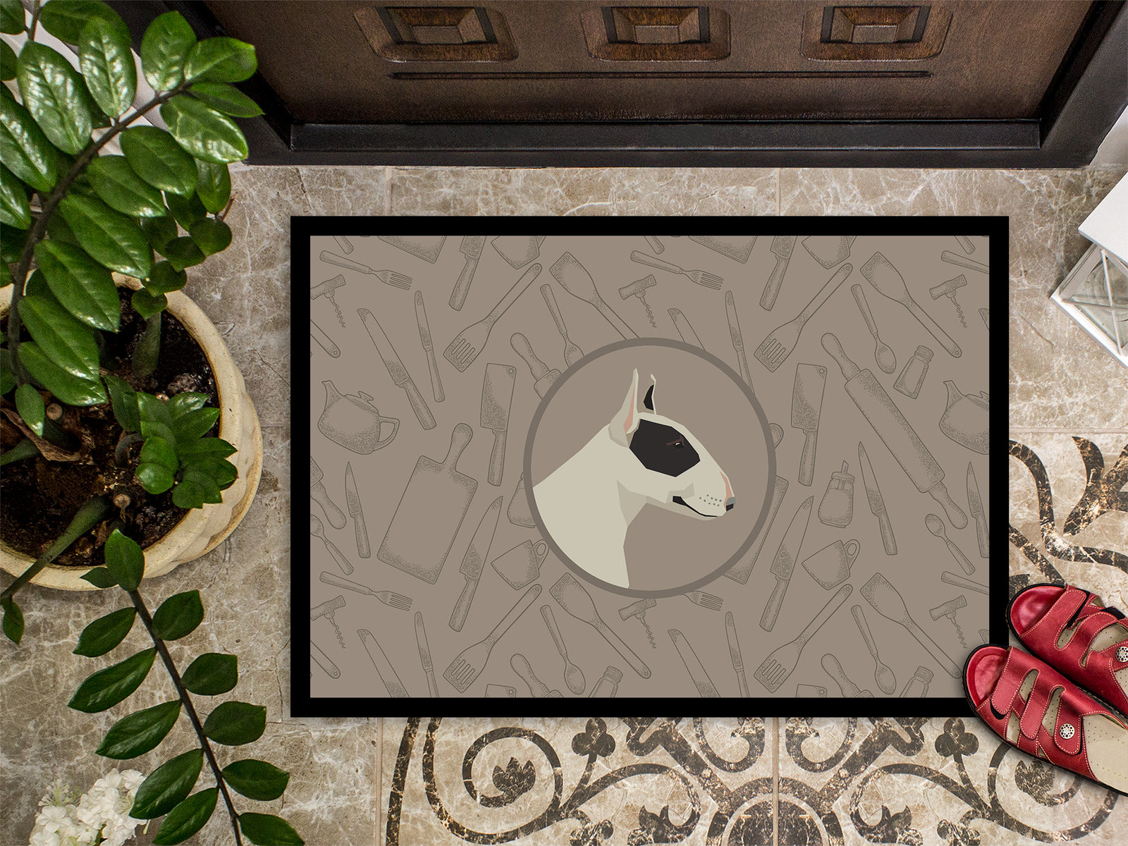 Caroline's Treasures Black and White Bull Terrier In the Kitchen Doormat - 24x36 Decorative Floor Mat – Indoor/Outdoor Rug with Artistic Flair CK2174JMAT