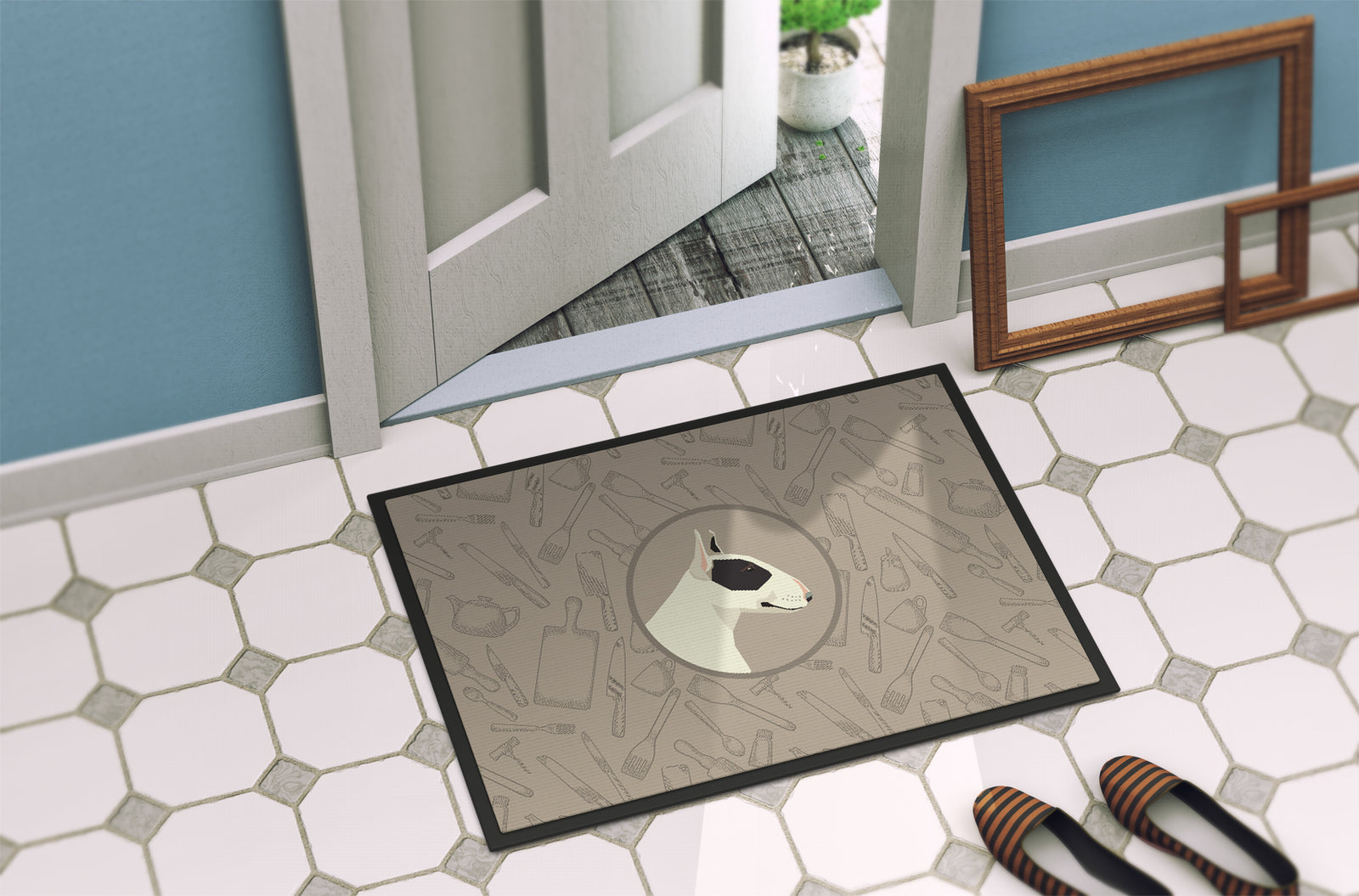 Caroline's Treasures Black and White Bull Terrier In the Kitchen Doormat - 24x36 Decorative Floor Mat – Indoor/Outdoor Rug with Artistic Flair CK2174JMAT