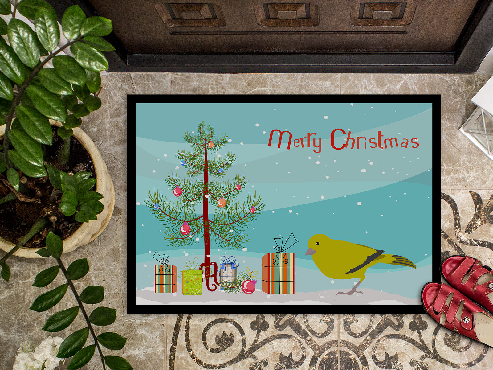 Caroline's Treasures London Canary Merry Christmas Doormat - 24x36 Decorative Floor Mat – Indoor/Outdoor Rug with Artistic Flair CK4482JMAT
