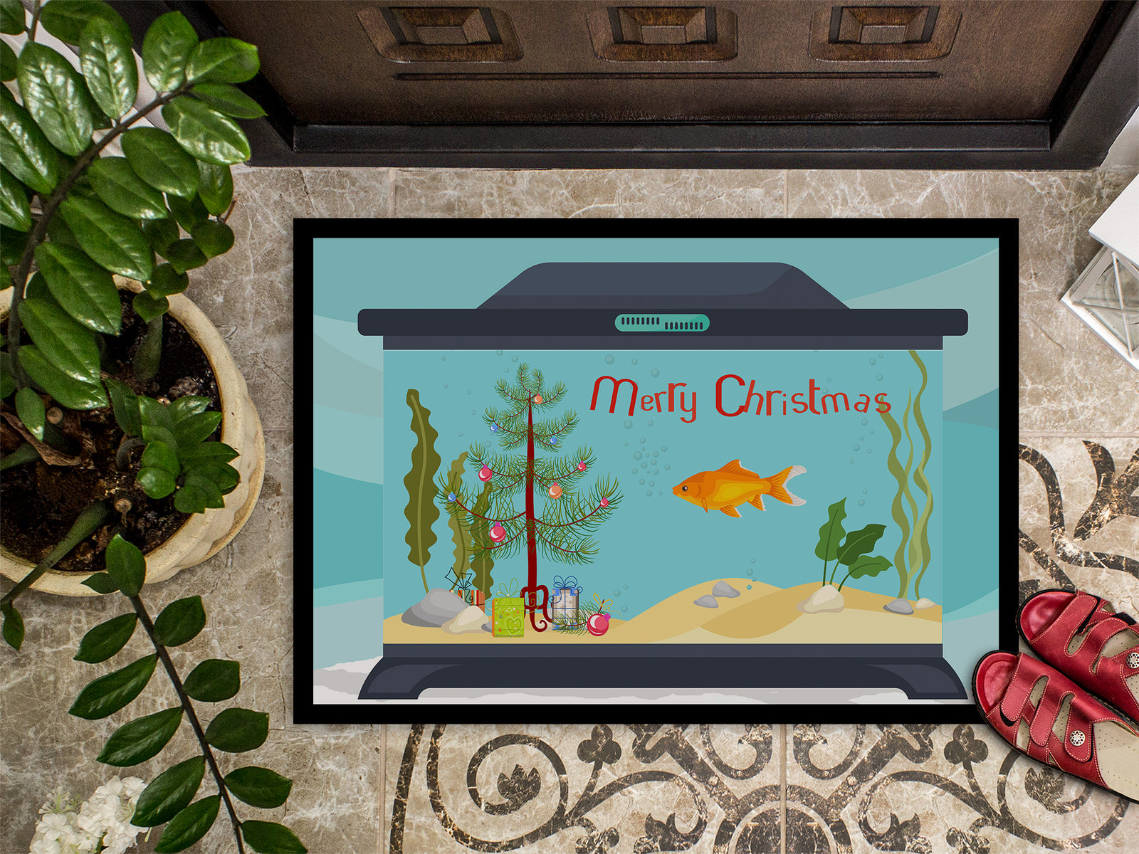 Caroline's Treasures Goldfish Common Merry Christmas Doormat - 24x36 Decorative Floor Mat – Indoor/Outdoor Rug with Artistic Flair CK4512JMAT