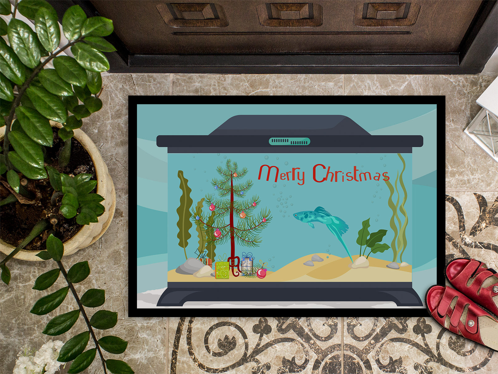 Caroline's Treasures Sword Tail Guppy Merry Christmas Doormat - 24x36 Decorative Floor Mat – Indoor/Outdoor Rug with Artistic Flair CK4537JMAT