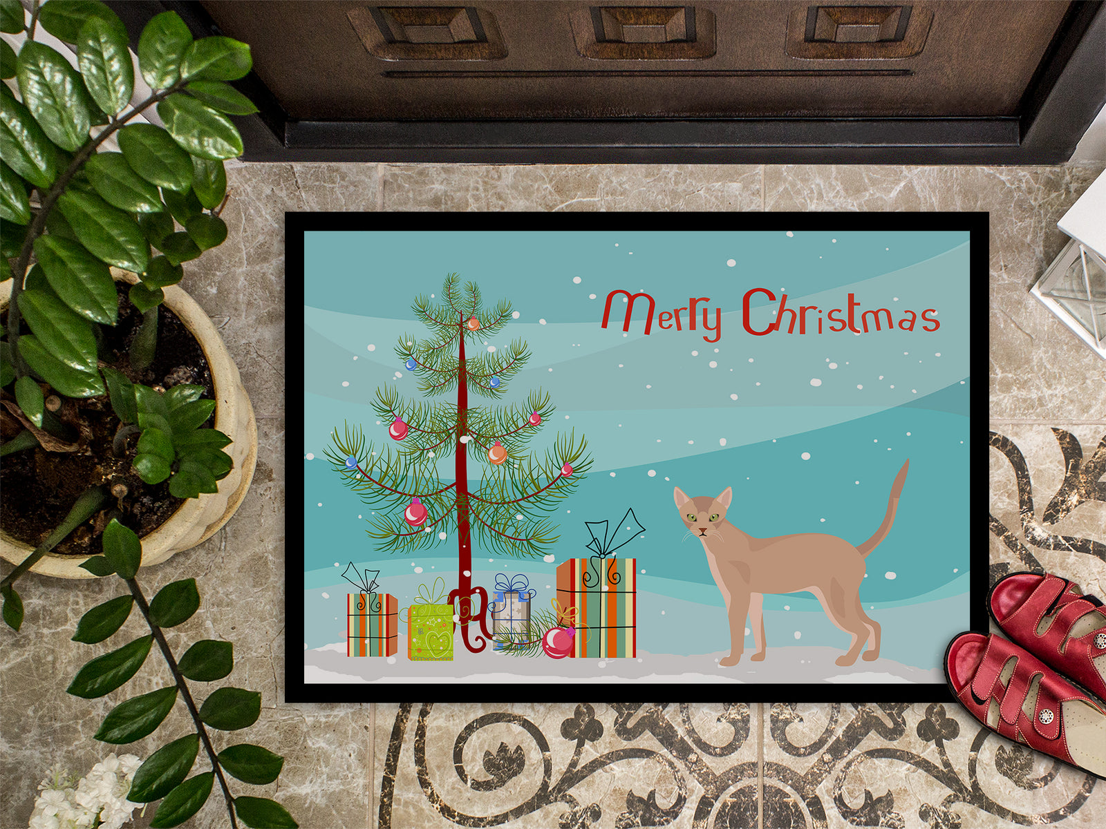 Caroline's Treasures Fawn Abyssinian Cat Merry Christmas Doormat - 24x36 Decorative Floor Mat – Indoor/Outdoor Rug with Artistic Flair CK4546JMAT