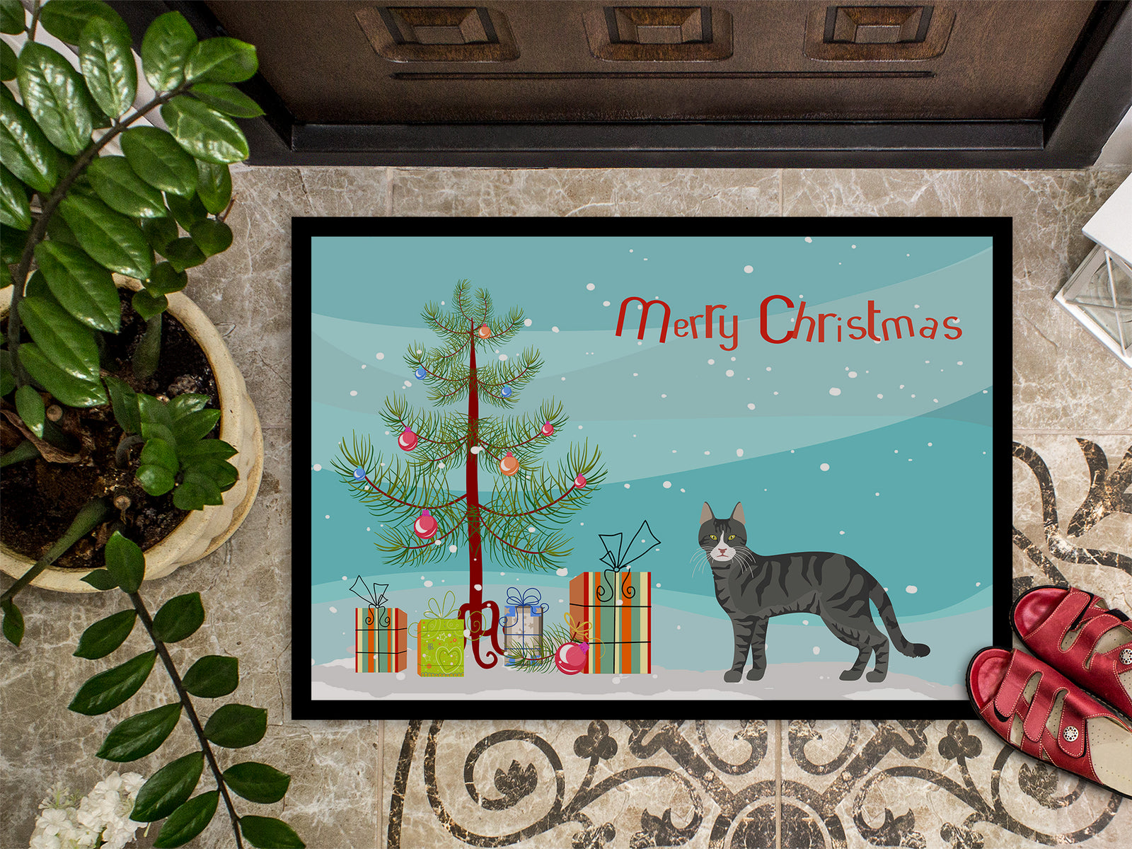 Caroline's Treasures Tricolour Aegean Cat Merry Christmas Doormat - 24x36 Decorative Floor Mat – Indoor/Outdoor Rug with Artistic Flair CK4548JMAT