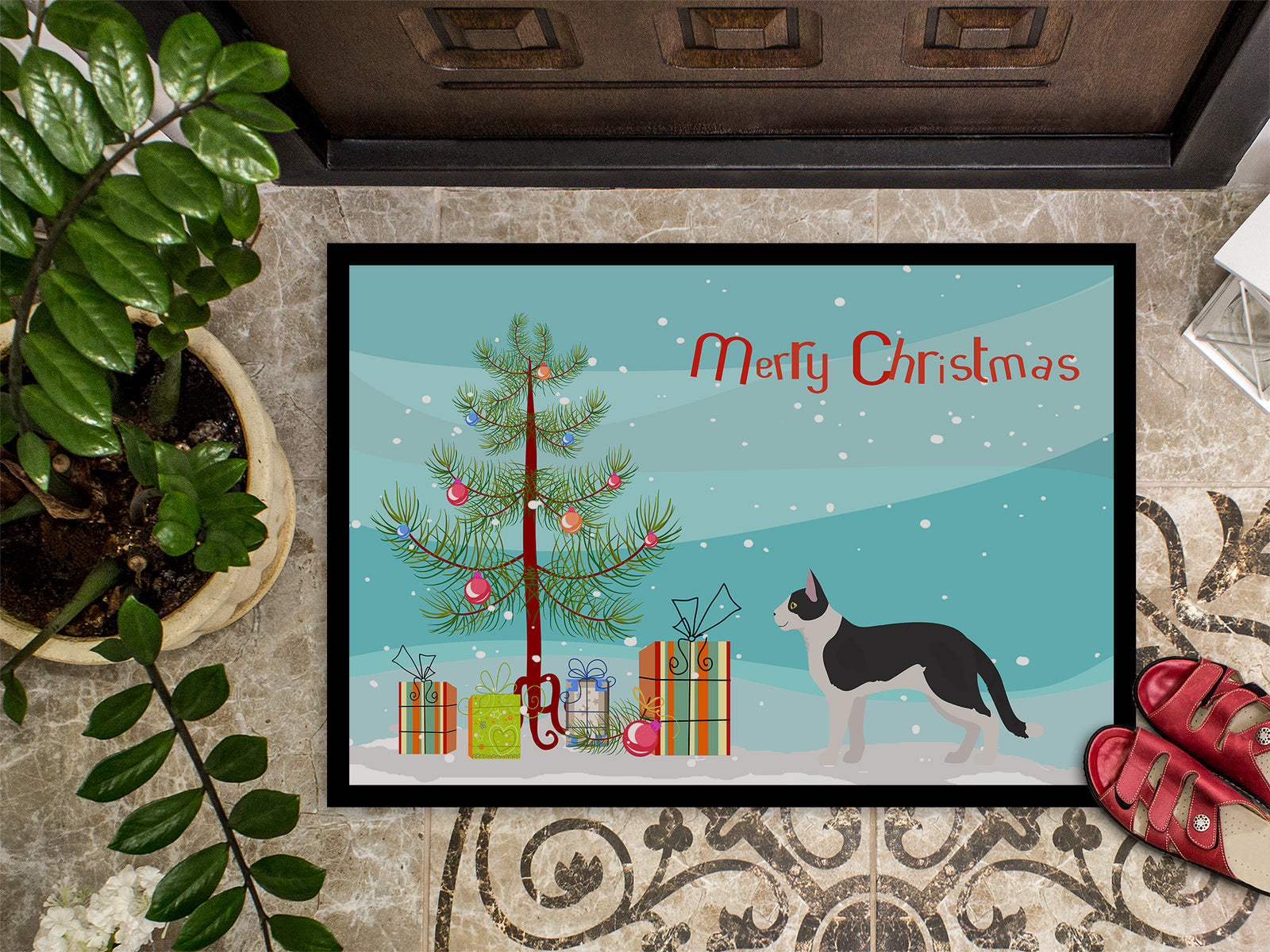 Caroline's Treasures Bicolour Aegean Cat Merry Christmas Doormat - 24x36 Decorative Floor Mat – Indoor/Outdoor Rug with Artistic Flair CK4549JMAT