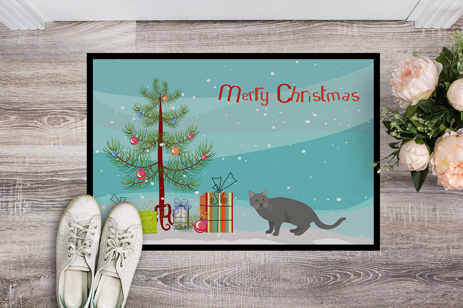 Caroline's Treasures Chartreux #1 Cat Merry Christmas Doormat - 24x36 Decorative Floor Mat – Indoor/Outdoor Rug with Artistic Flair CK4582JMAT