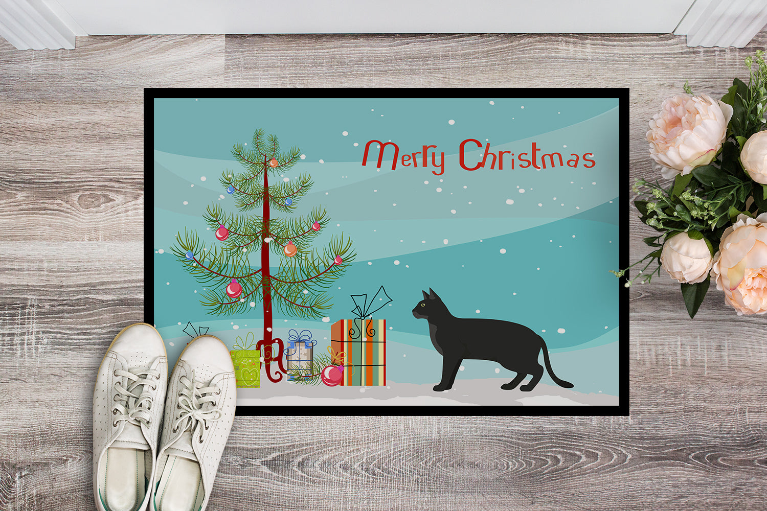 Caroline's Treasures Chausie Black Cat Merry Christmas Doormat - 24x36 Decorative Floor Mat – Indoor/Outdoor Rug with Artistic Flair CK4585JMAT