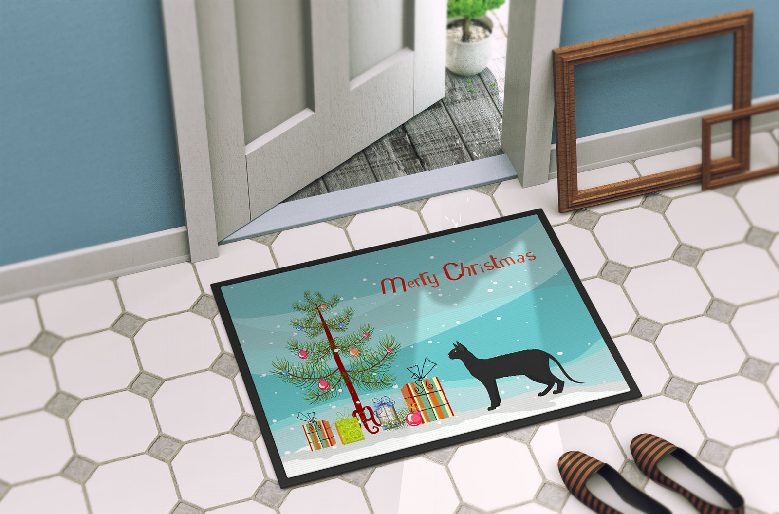 Caroline's Treasures Black Cornish Rex Cat Merry Christmas Doormat - 24x36 Decorative Floor Mat – Indoor/Outdoor Rug with Artistic Flair CK4597JMAT