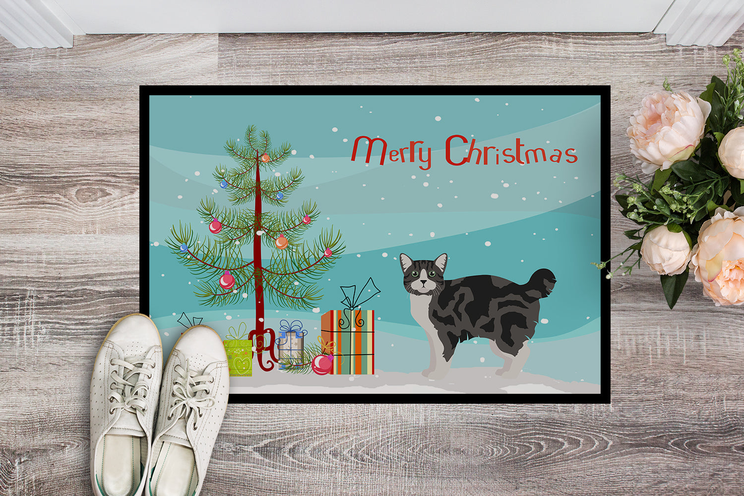 Caroline's Treasures Manx #1 Cat Merry Christmas Doormat - 24x36 Decorative Floor Mat – Indoor/Outdoor Rug with Artistic Flair CK4652JMAT