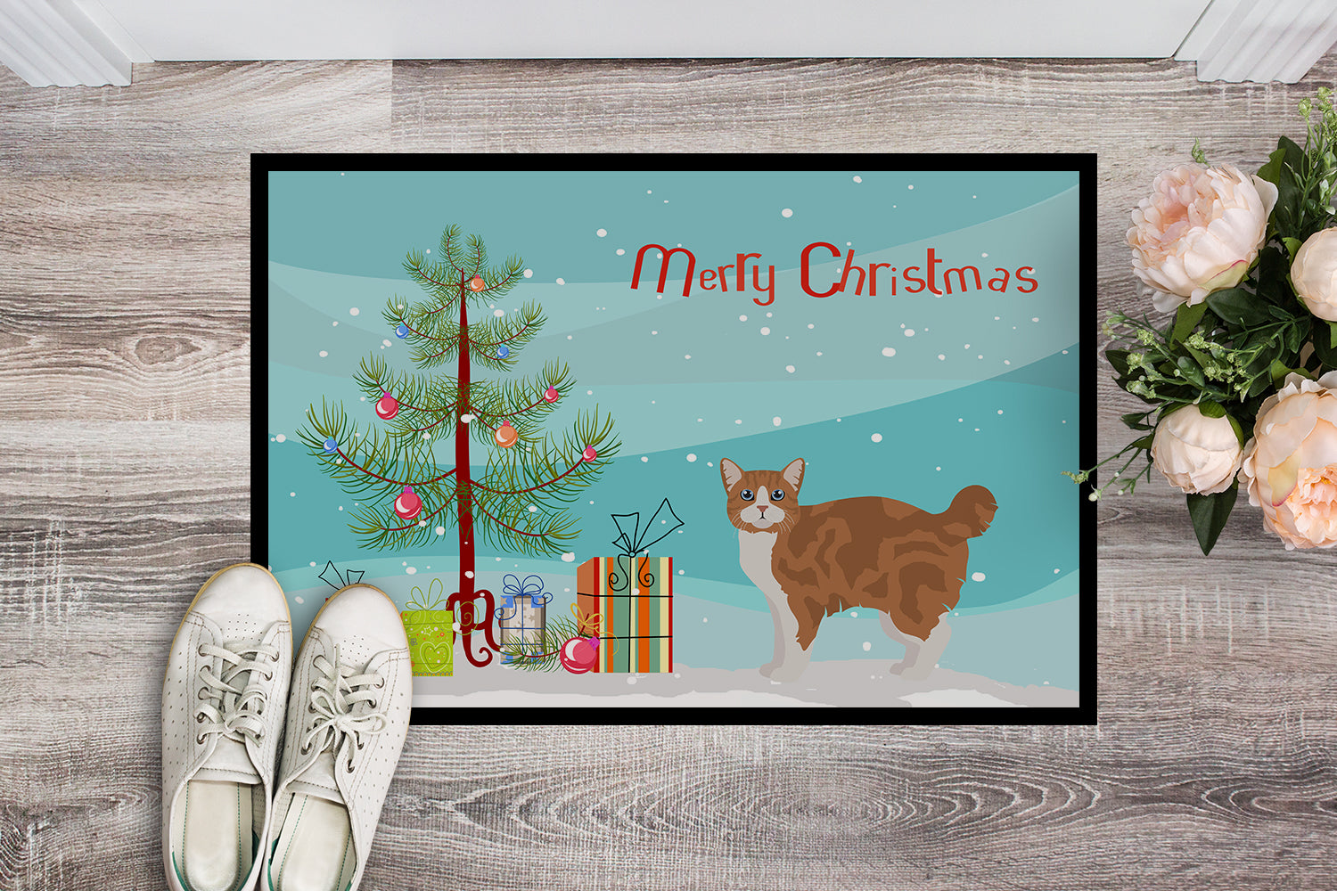 Caroline's Treasures Manx #2 Cat Merry Christmas Doormat - 24x36 Decorative Floor Mat – Indoor/Outdoor Rug with Artistic Flair CK4653JMAT