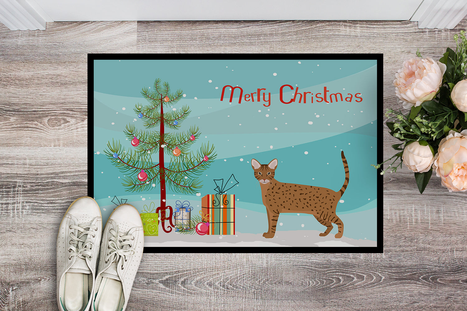 Caroline's Treasures Ocicat Cat Merry Christmas Doormat - 24x36 Decorative Floor Mat – Indoor/Outdoor Rug with Artistic Flair CK4666JMAT